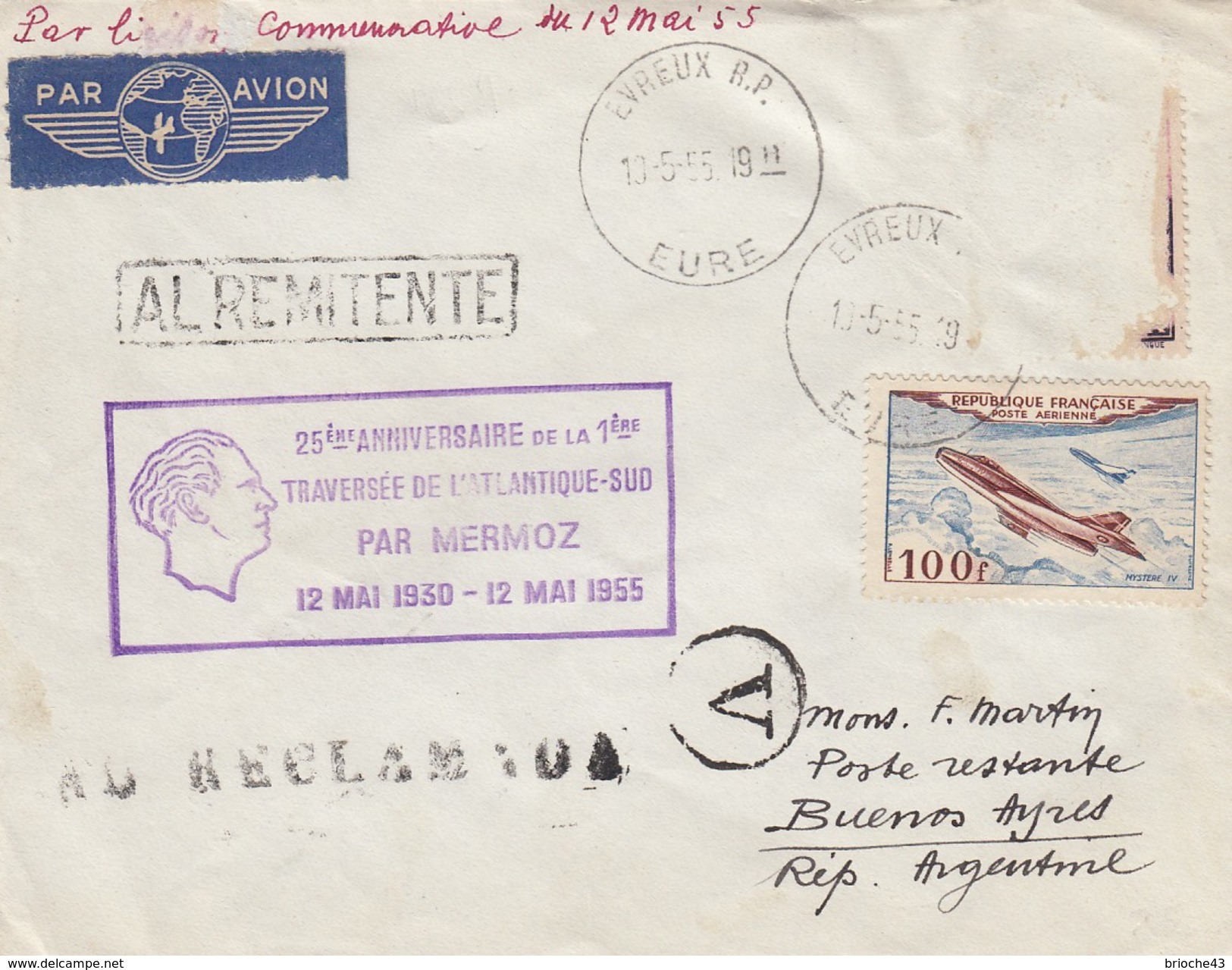 FRANCE -25e ANNIV. 1ere TRAVERSEE ATLANTIQUE SUD PAR MERMOZ 1930-1955 - EVREUX TO BUENOS AIRES 10.5.55 ARGENTINE / 1 - 1960-.... Covers & Documents