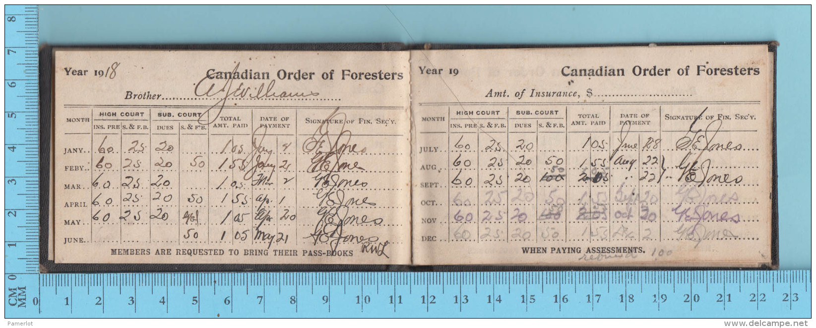 1918 C.O.F. Member Receipt Book - Court Waterloo, Canadian Order Of Foresters - Canadá