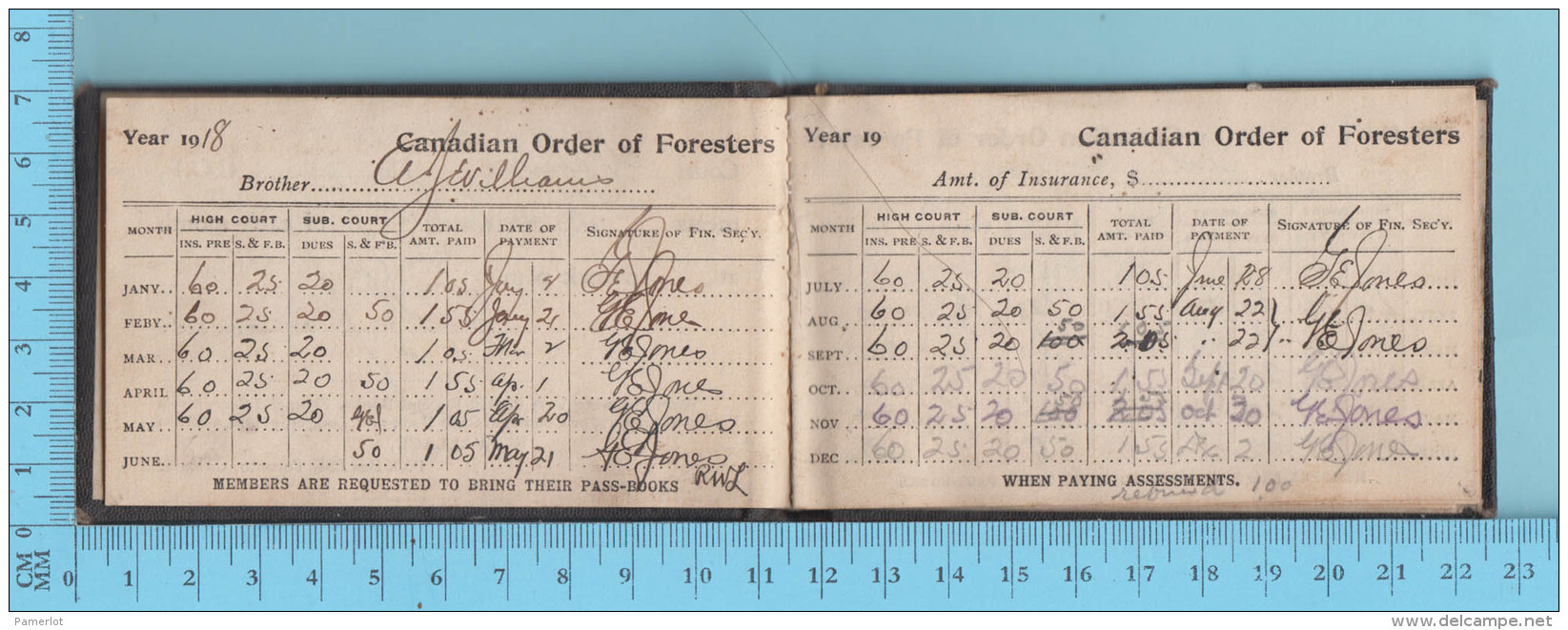 1918 C.O.F. Member Receipt Book - Court Waterloo, Canadian Order Of Foresters - Kanada