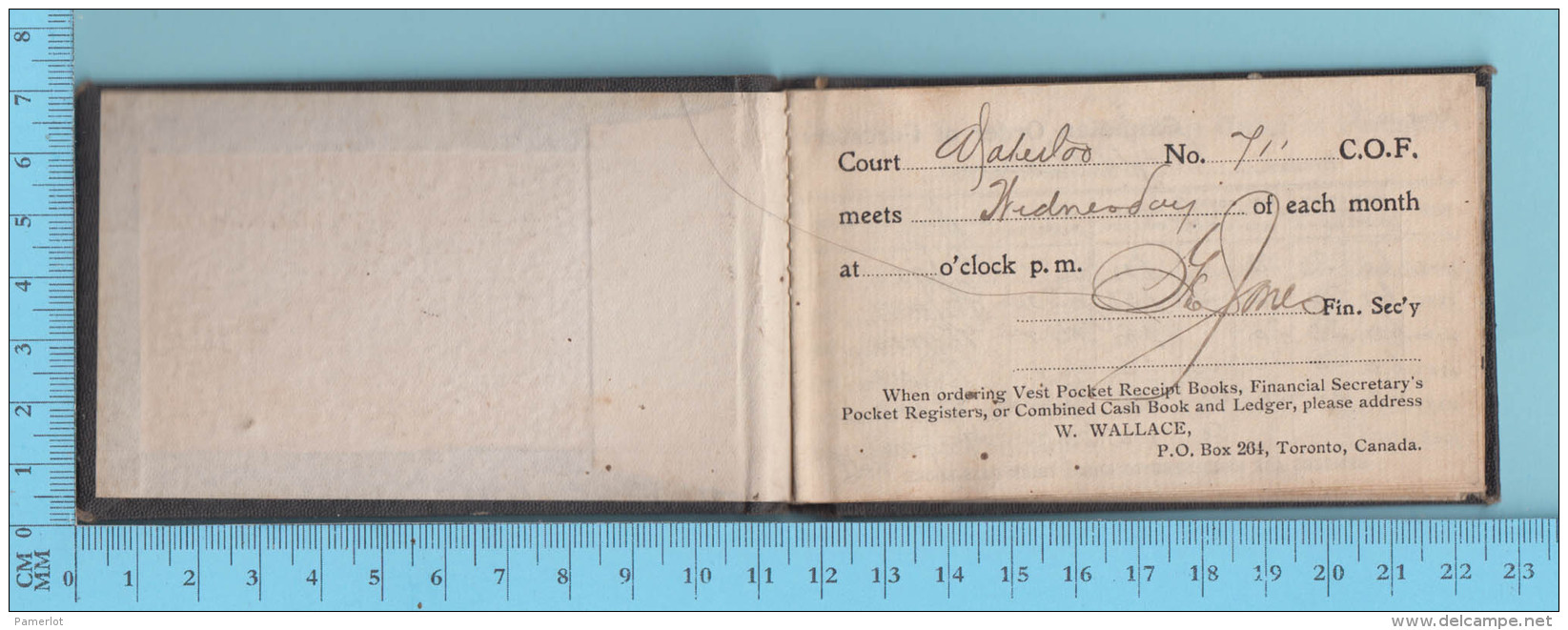 1918 C.O.F. Member Receipt Book - Court Waterloo, Canadian Order Of Foresters - Canada