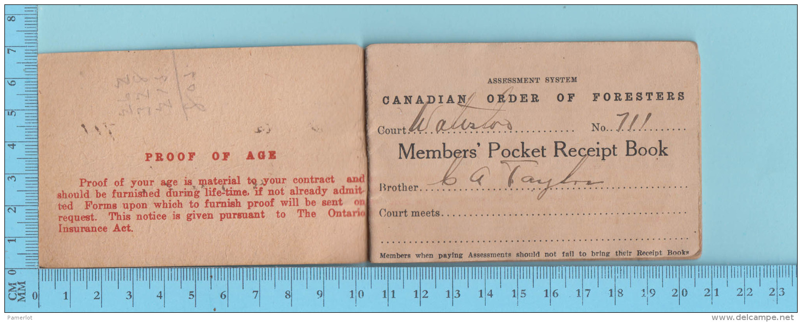 1918 C.O.F. Member Receipt Book - Court Waterloo, Canadian Order Of Foresters - Canadá