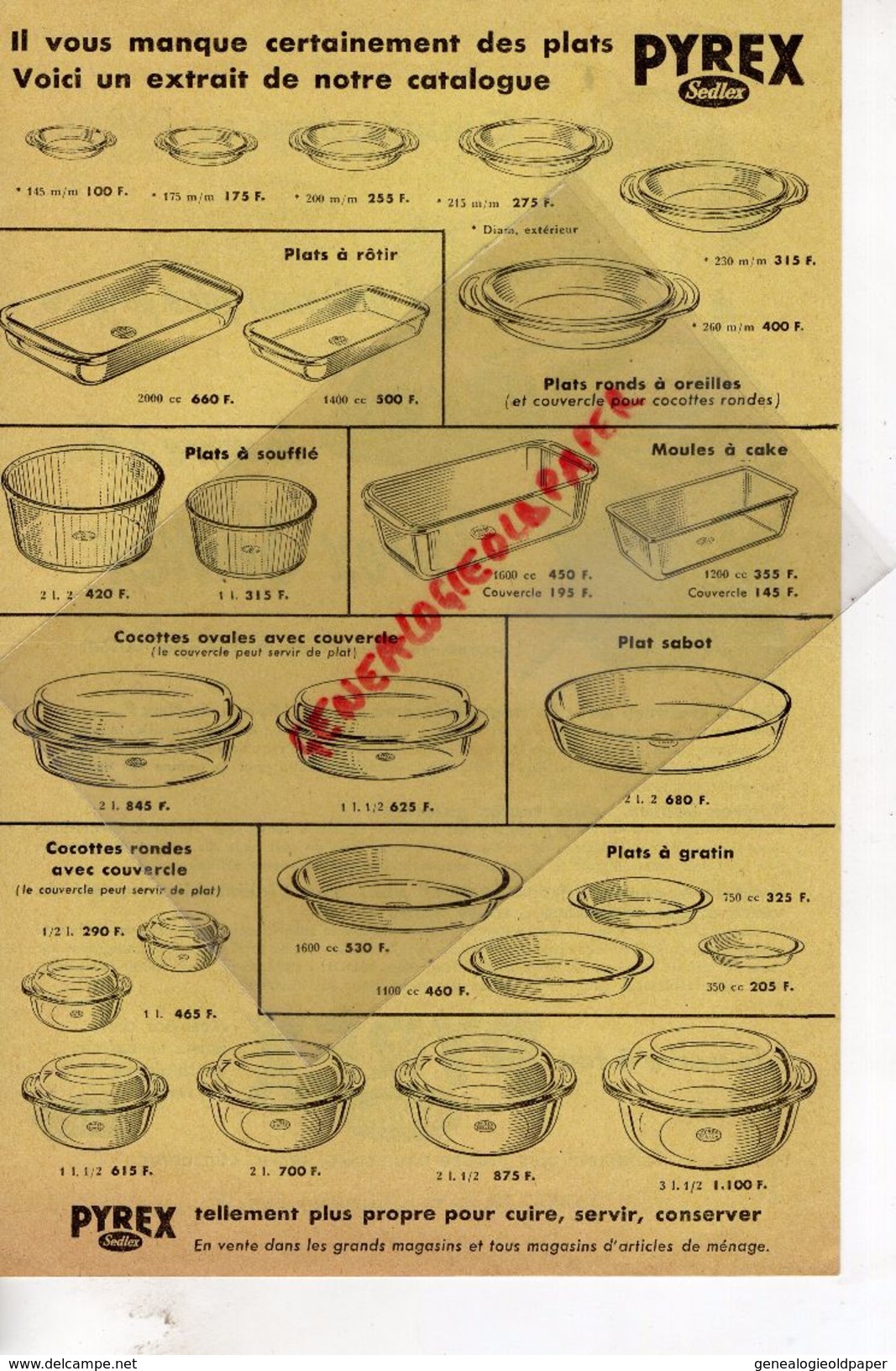 PUBLICITE  PYREX-VERRE A FEU PYREX SEDLEX-19 RUE MICHODIERE PARIS- COMPTOIR METALLURGIQUE J. PINGUSSON CLERMONT FERRAND - Pubblicitari