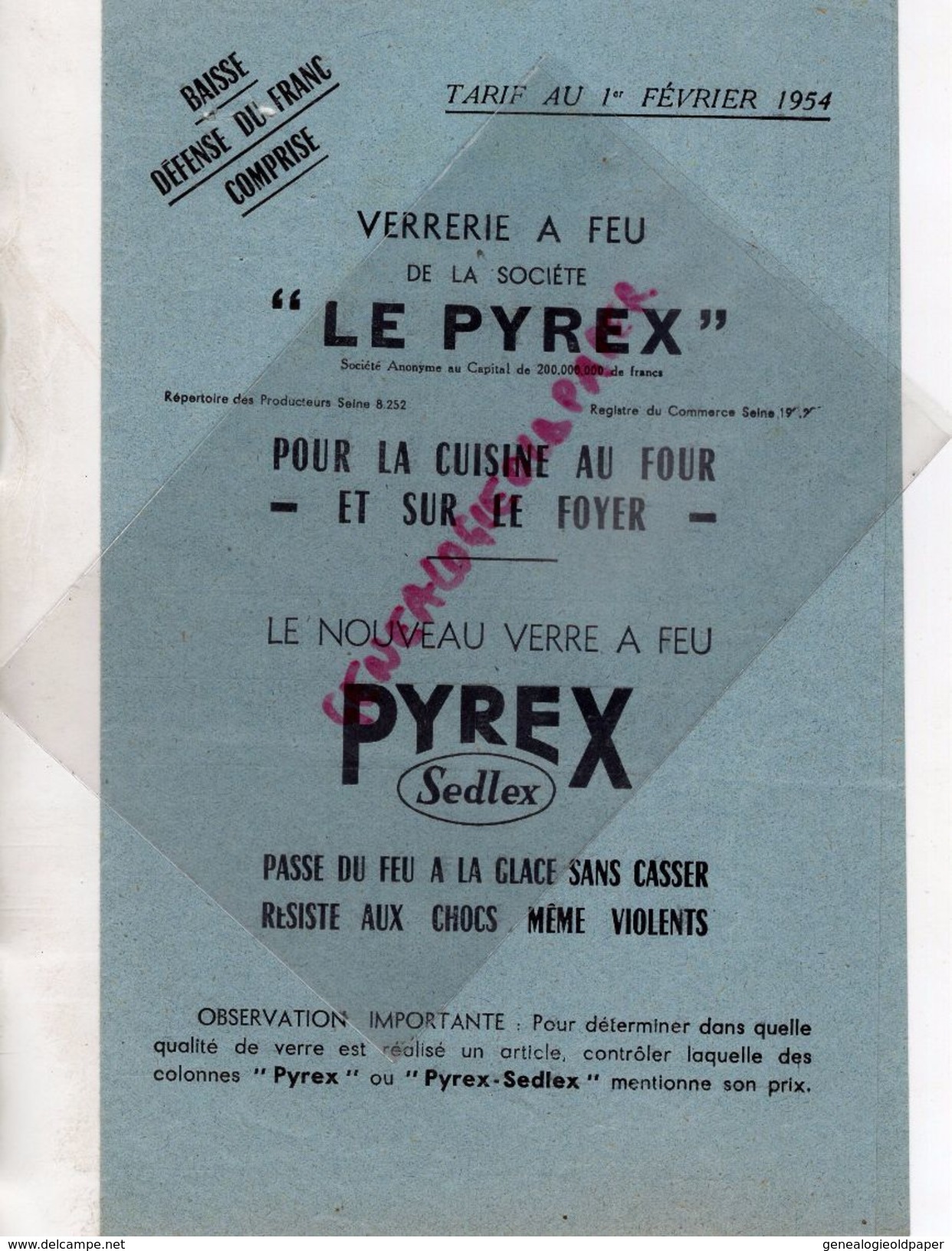 PUBLICITE  PYREX-VERRE A FEU PYREX SEDLEX-19 RUE MICHODIERE PARIS- COMPTOIR METALLURGIQUE J. PINGUSSON CLERMONT FERRAND - Pubblicitari