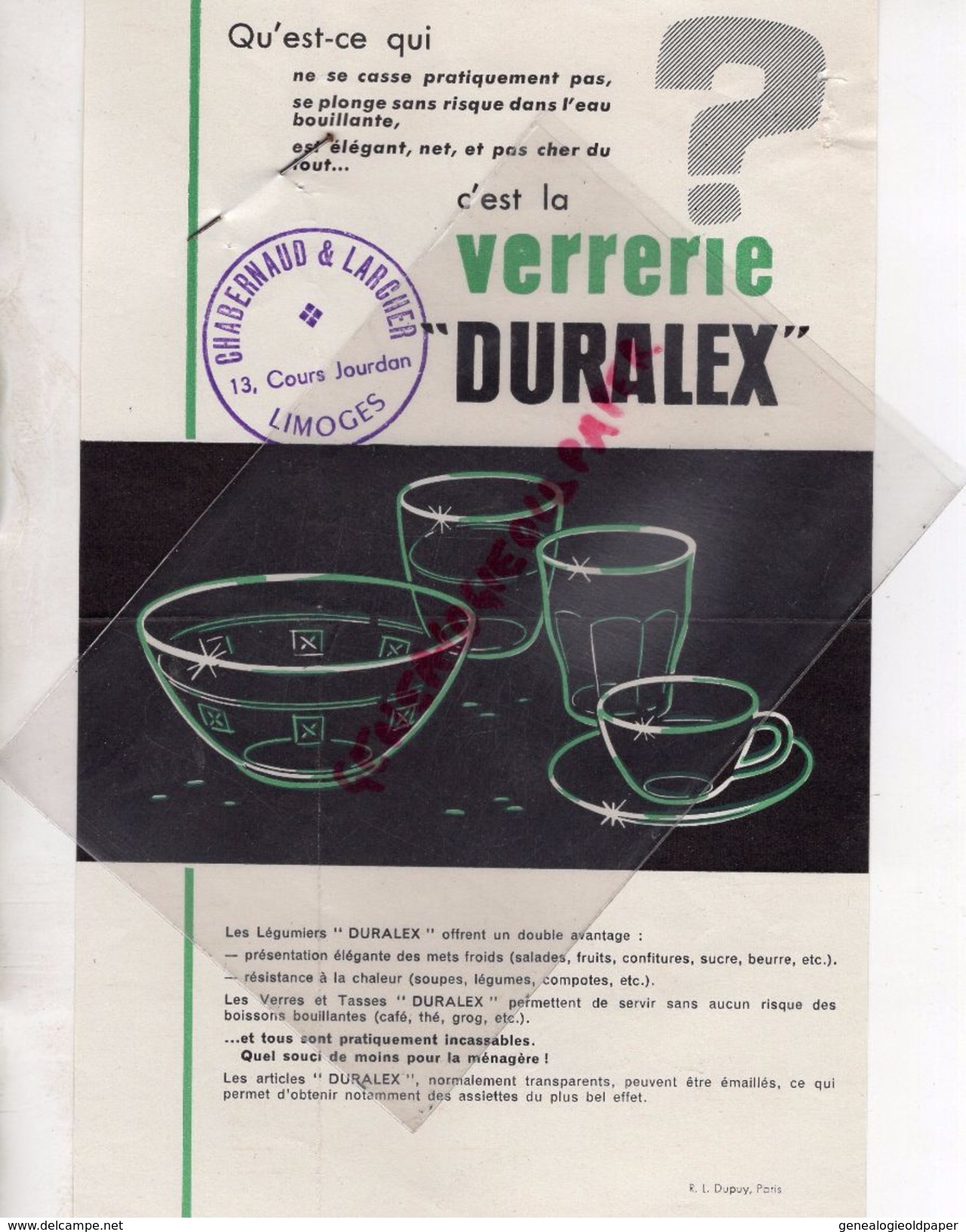PUBLICITE  VERRERIE DURALEX- CACHET CHABERNAUD & LARCHER 13 COURS JOURDAN - 87- LIMOGES- IMPRIMERIE DUPUY PARIS - Reclame
