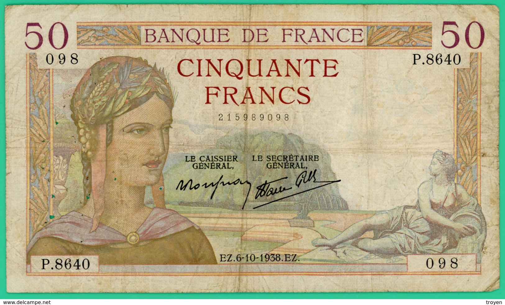 50 Francs -Cérès - France - N° P.8640 - 098 /6=10=1938   - TB - - 50 F 1934-1940 ''Cérès''