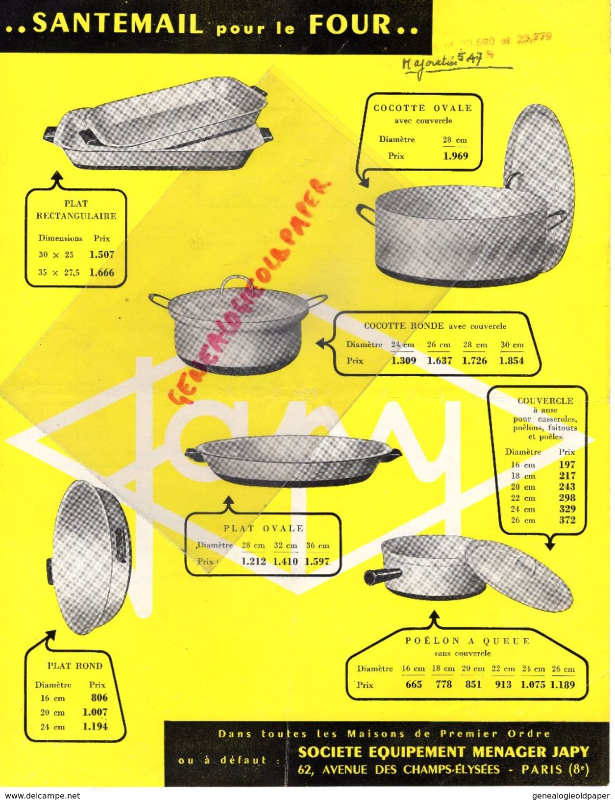 PUBLICITE  EQUIPEMENT MENAGER JAPY-62 AVENUE CHAMPS ELYSEES- SANTEMAIL POUR LE FOUR- COCOTTE-CUISINE- MARMITE CAFETIERE - Pubblicitari