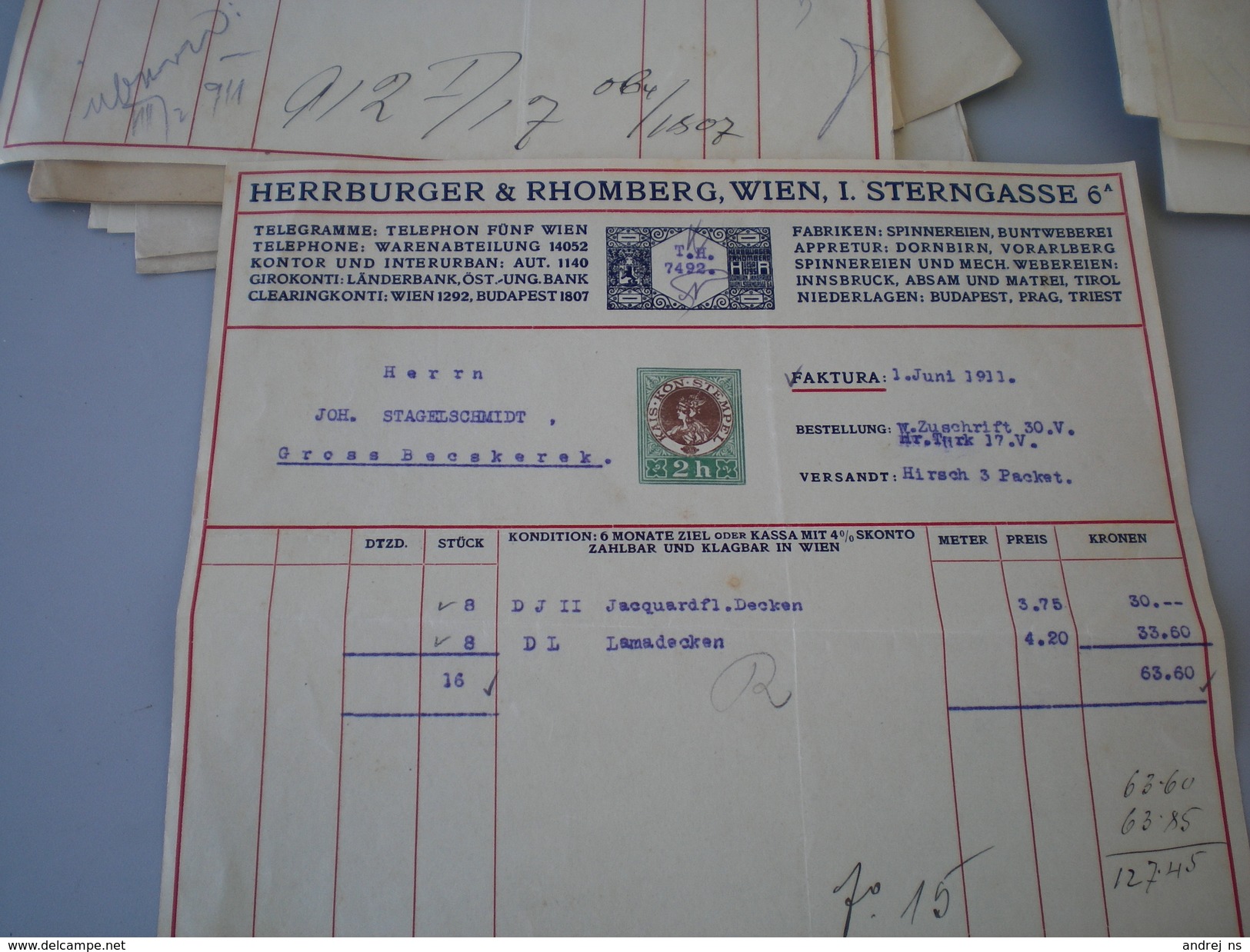 Wien Herrburger Rhomberg  Spinnereien Buntweberei Appretur 2 H Stamps 1911 - Autriche