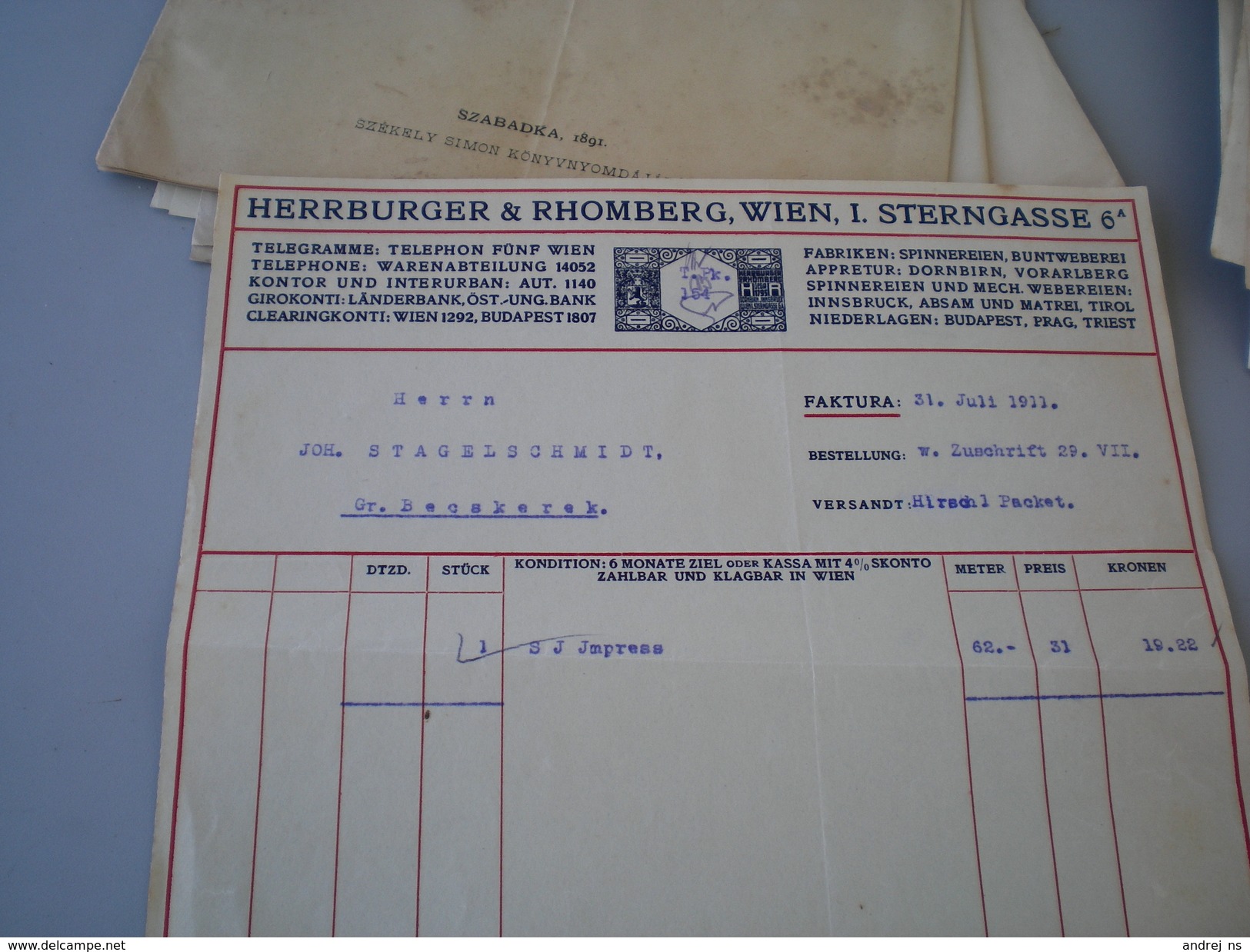 Wien Herrburger Rhomberg  Spinnereien Buntweberei Appretur  1911 - Austria