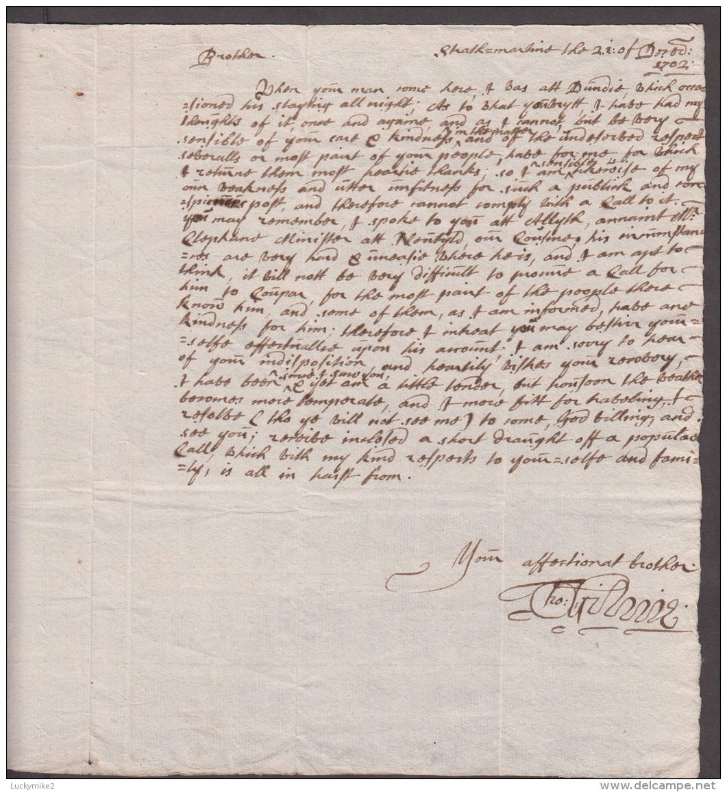 1702 Letter "ffor John Ogilby, Baillie Of Conpar(?)" From His Brother "Thomas".   Ref 0381 - Other & Unclassified