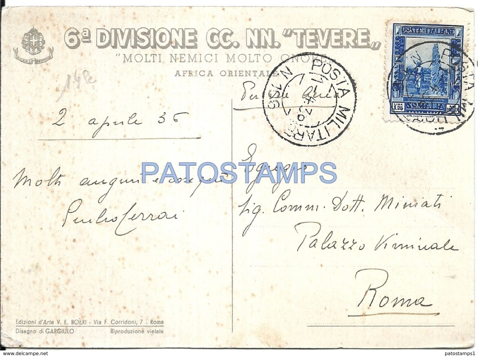 75985 ITALY SOMALIA AFRICA COLONY ITALIANA 6º DIVISIONE TEVERE CIRCULATED TO ROMA POSTAL POSTCARD - Other & Unclassified