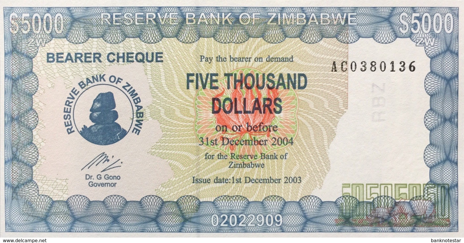 Zimbabwe 5,000 Dollars P-21d, 2003, Scarce Bearer Check Issue UNC - Simbabwe