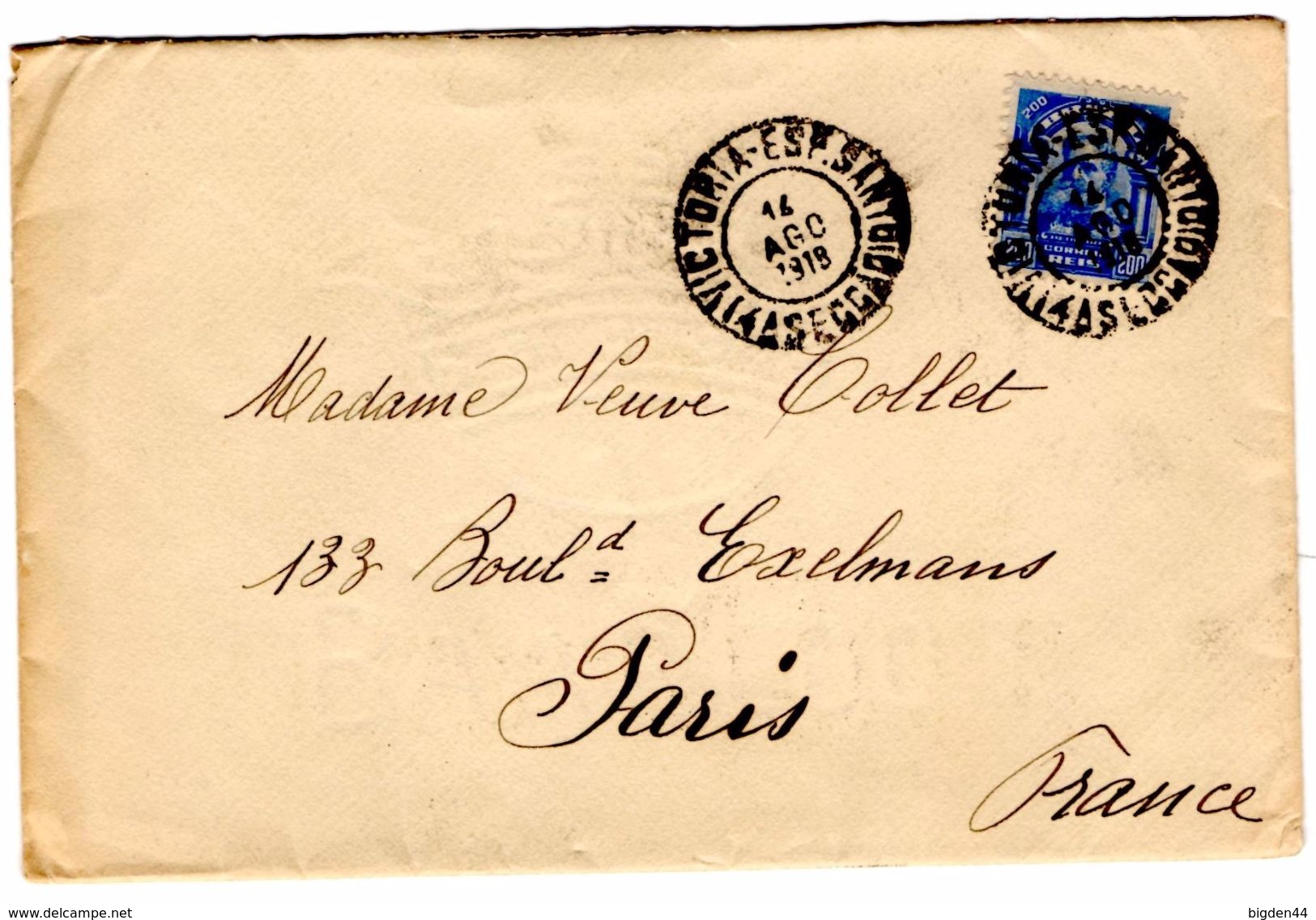 Lettre De Victoria Espirito Santo (14.08.1918) Pour Paris - Lettres & Documents