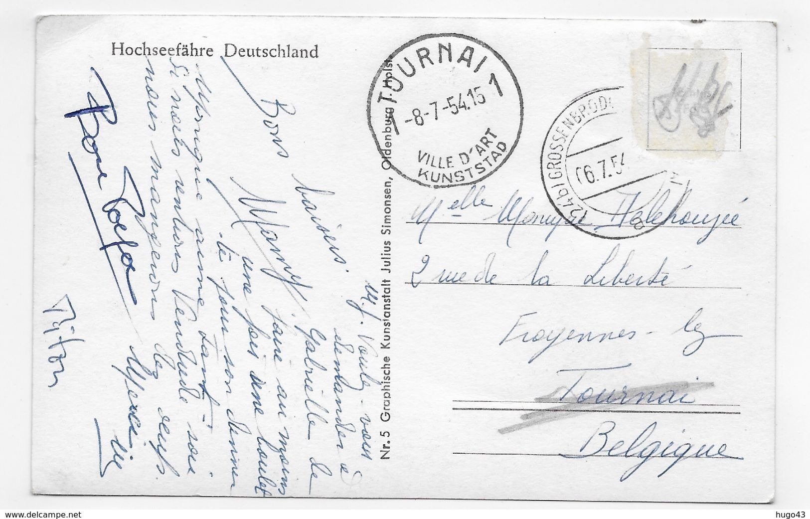 (RECTO / VERSO) ALLEMAGNE - PAQUEBOT HOCHSERFAHRE EN 1954 - FORMAT CPA VOYAGEE - Paquebots