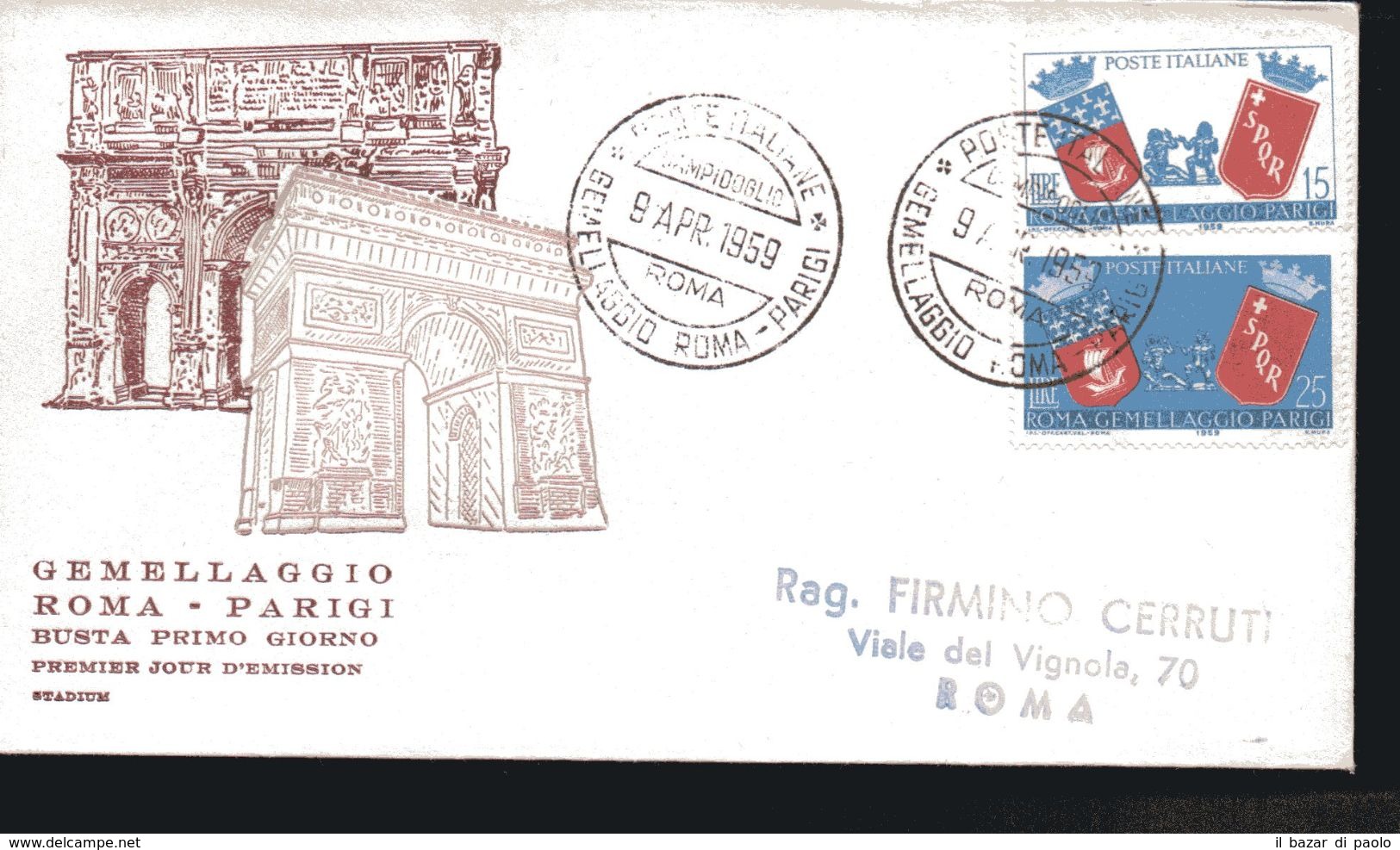 27- ITALIA - FDC STADIUM - 3° ANNIVERSARIO DEL GEMELLAGGIO ROMA PARIGI - 9.4.1959 - FDC