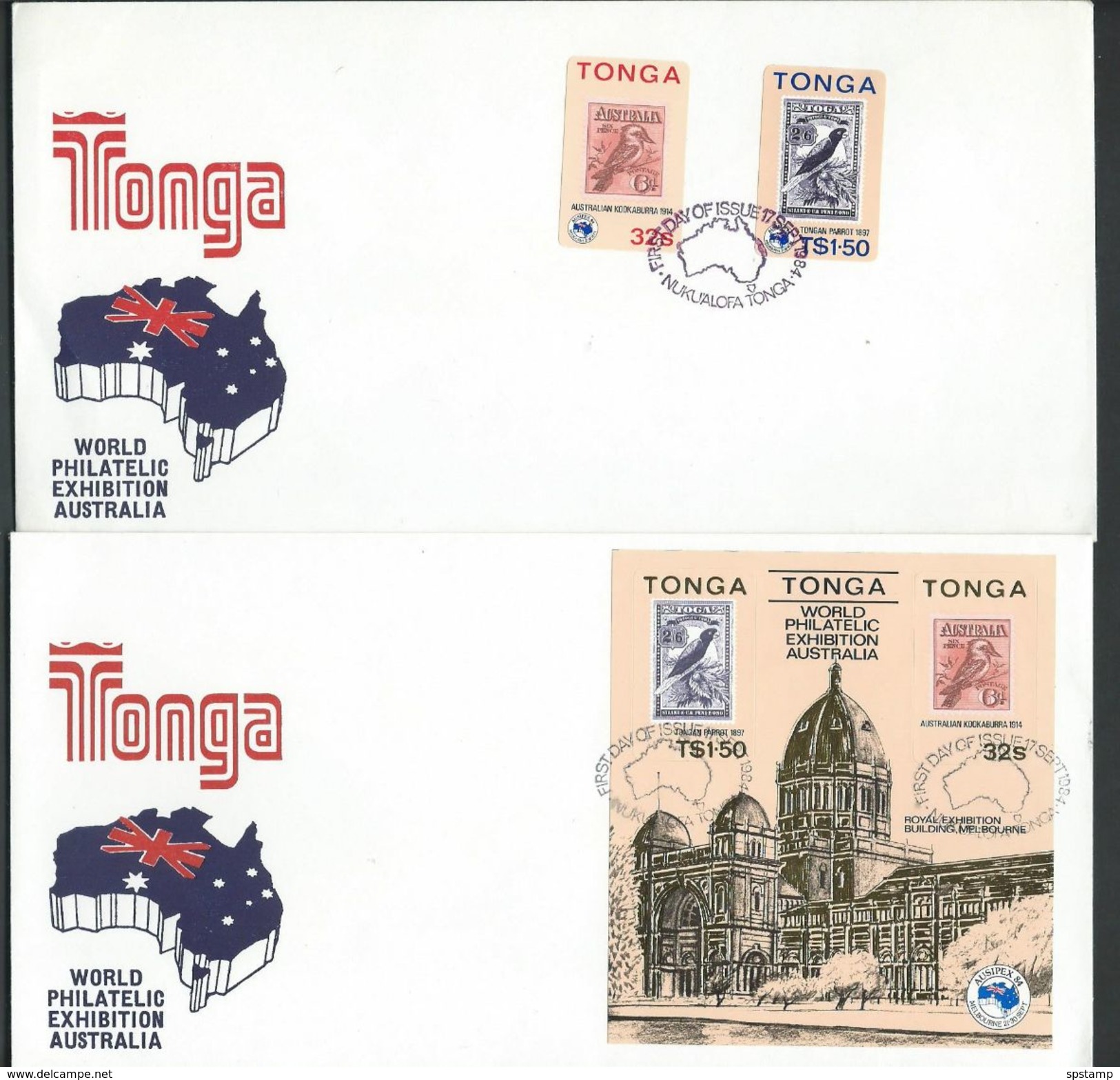 Tonga 1984 Ausipex Self Adhesive Set Of 2 & Miniature Sheet On 2 Official FDC 's Unaddressed - Tonga (1970-...)