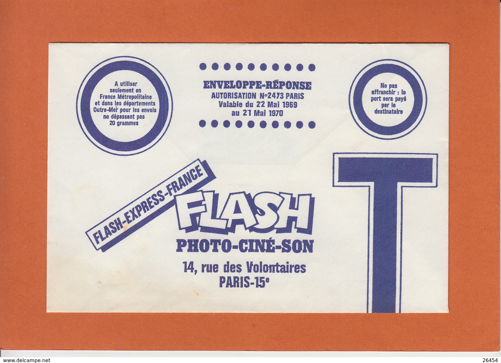 PARIS-15  " FLASH  Photo-cine-son "    ENVELOPPE-REPONSE Valable Du 22 Mai 1969 Au 21 Mai 1970 - Autres & Non Classés