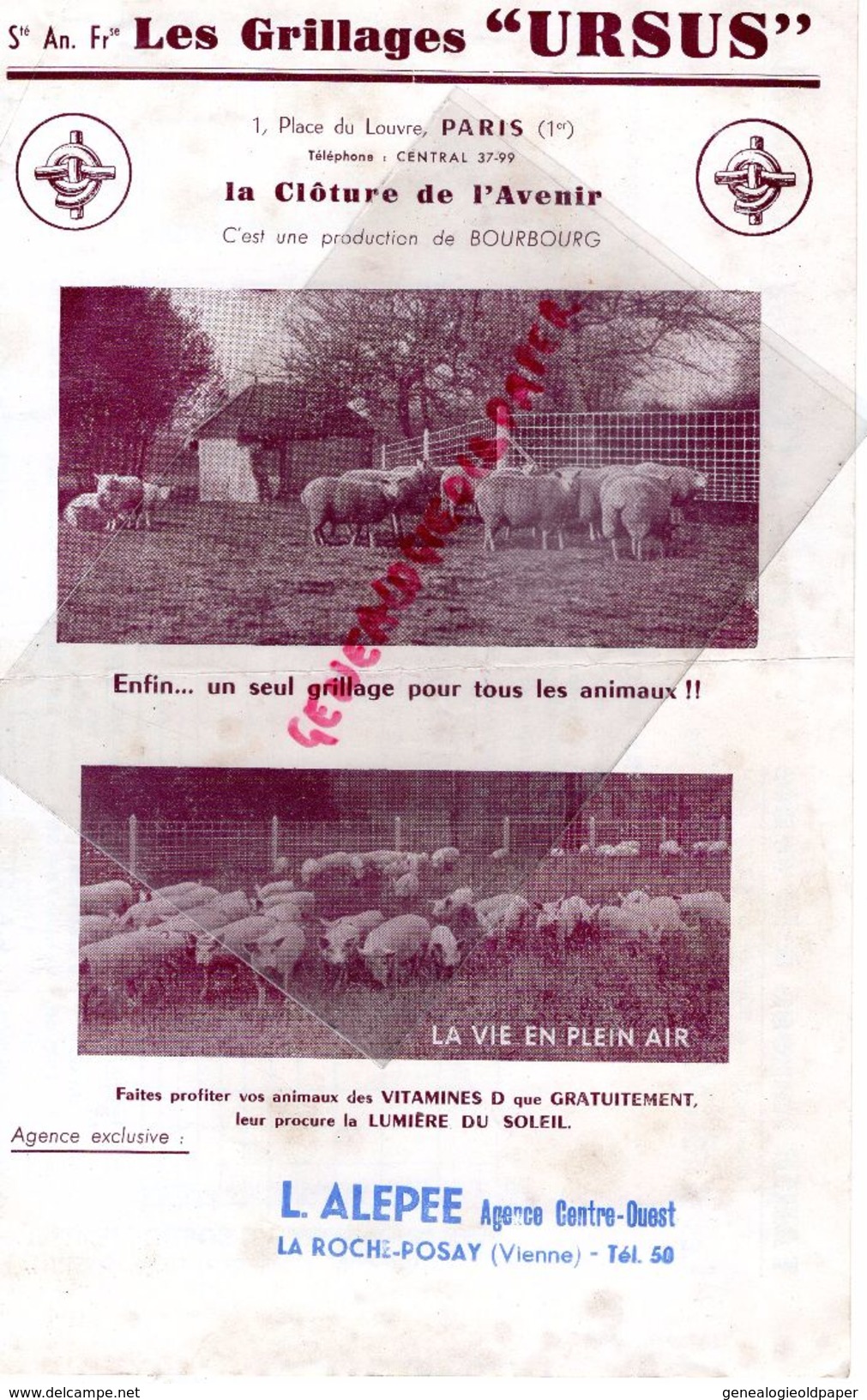 86- LA ROCHE POSAY- PUBLICITE LES GRILLAGES ACIER URSUS-CLOTURE DE BOURBOURG 59- -1 PLACE DU LOUVRE PARIS- L. ALEPEE - Publicidad