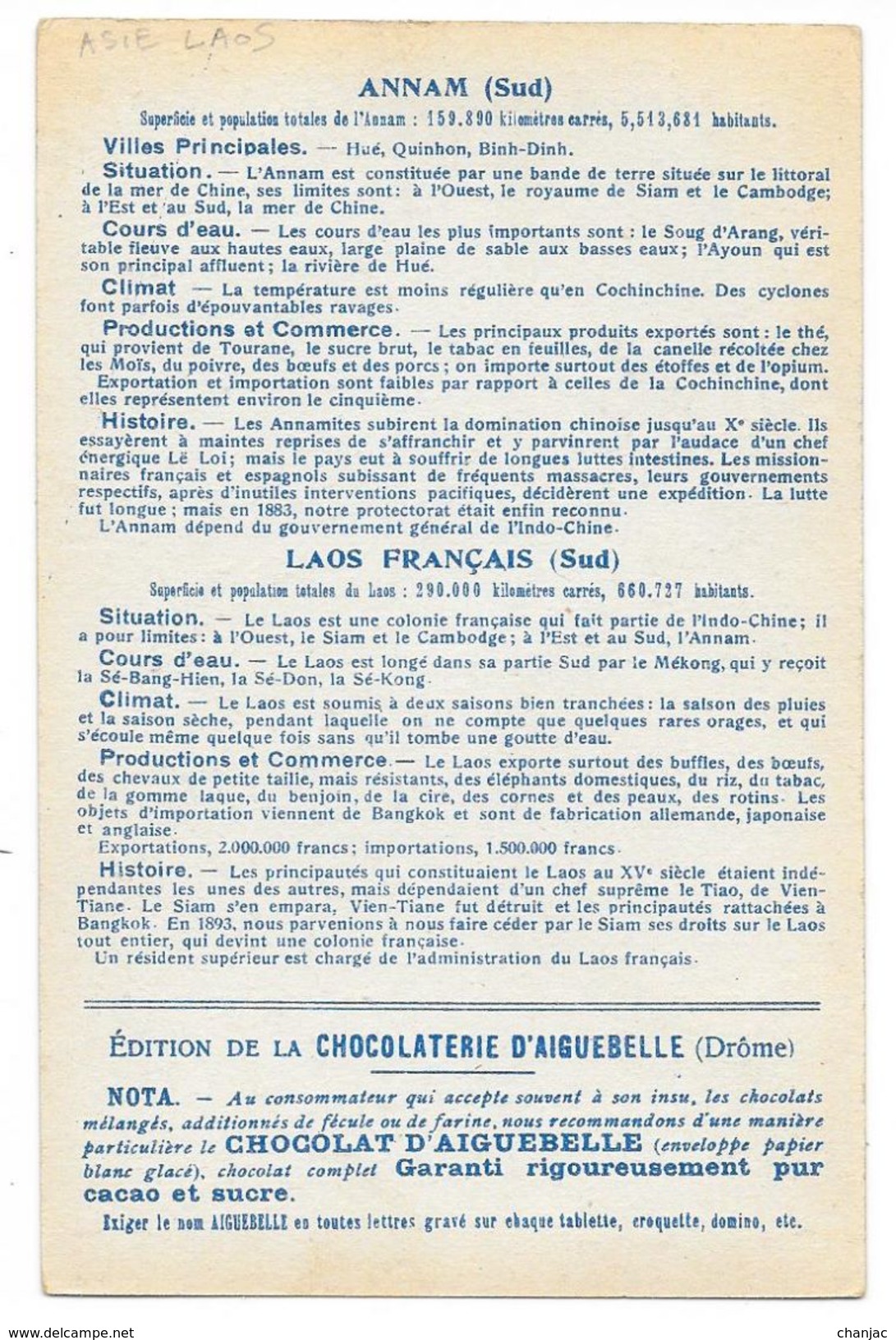 Carte Publicitaire - Edition Chocolaterie D'AIGUEBELLE - Les Colonies Françaises - ANNAM Et LAOS (Sud)  (Géographique) - Laos