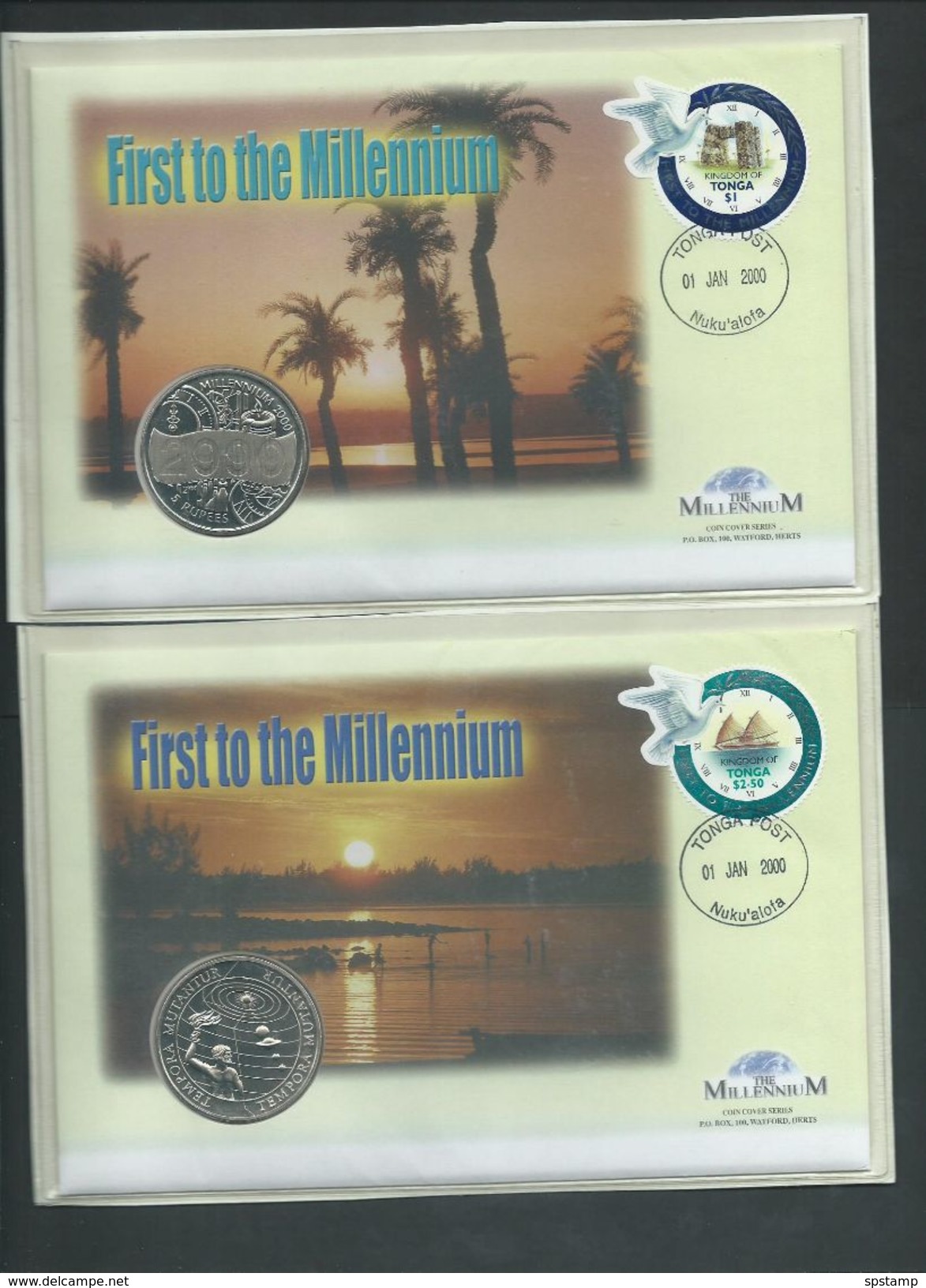 Tonga 2000 Millennium Clock & Dove 2 X PNC Covers With Kiribati Or Seychelles Coins - Tonga (1970-...)