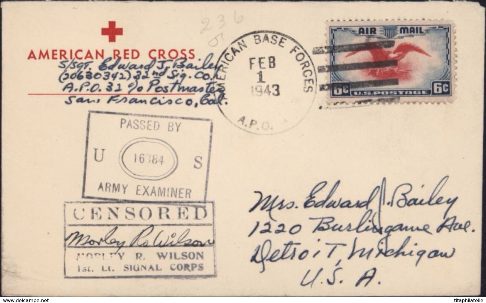 Lettre American Red Cross CAD AMERICAN BASE FORCES  FEB 1 1943 APO Logan Village Australie Censured World War II - Briefe U. Dokumente