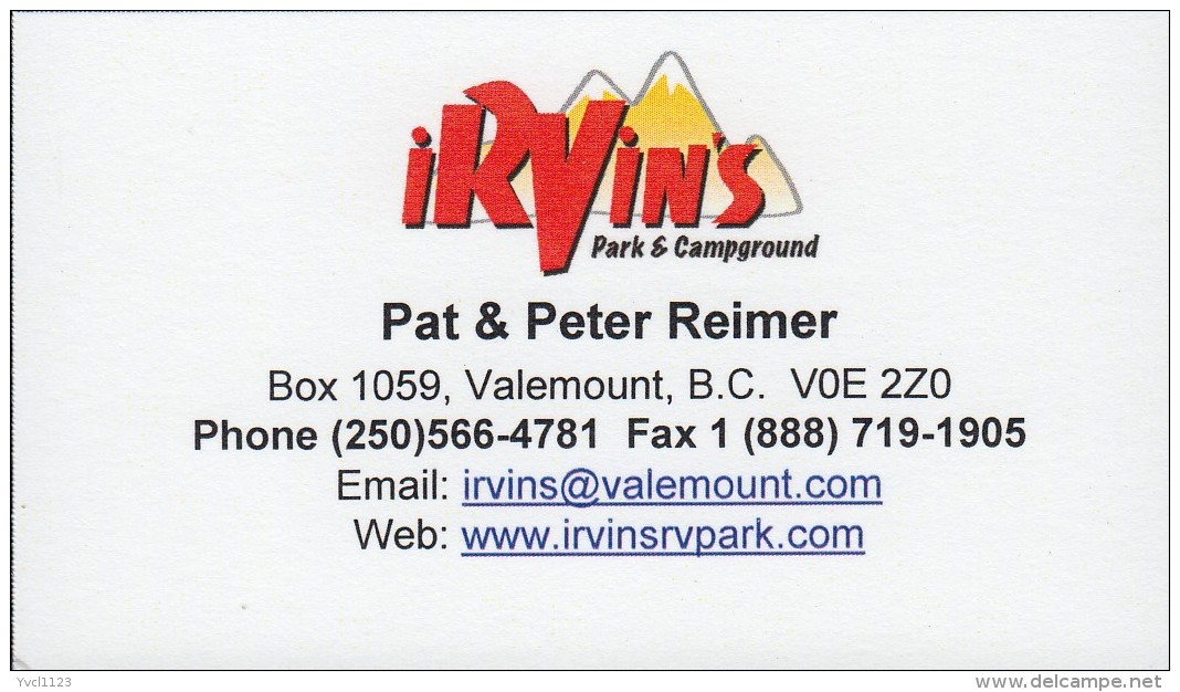Irvin's Park &amp; Campground, Valemount BC (VC351) - Visiting Cards