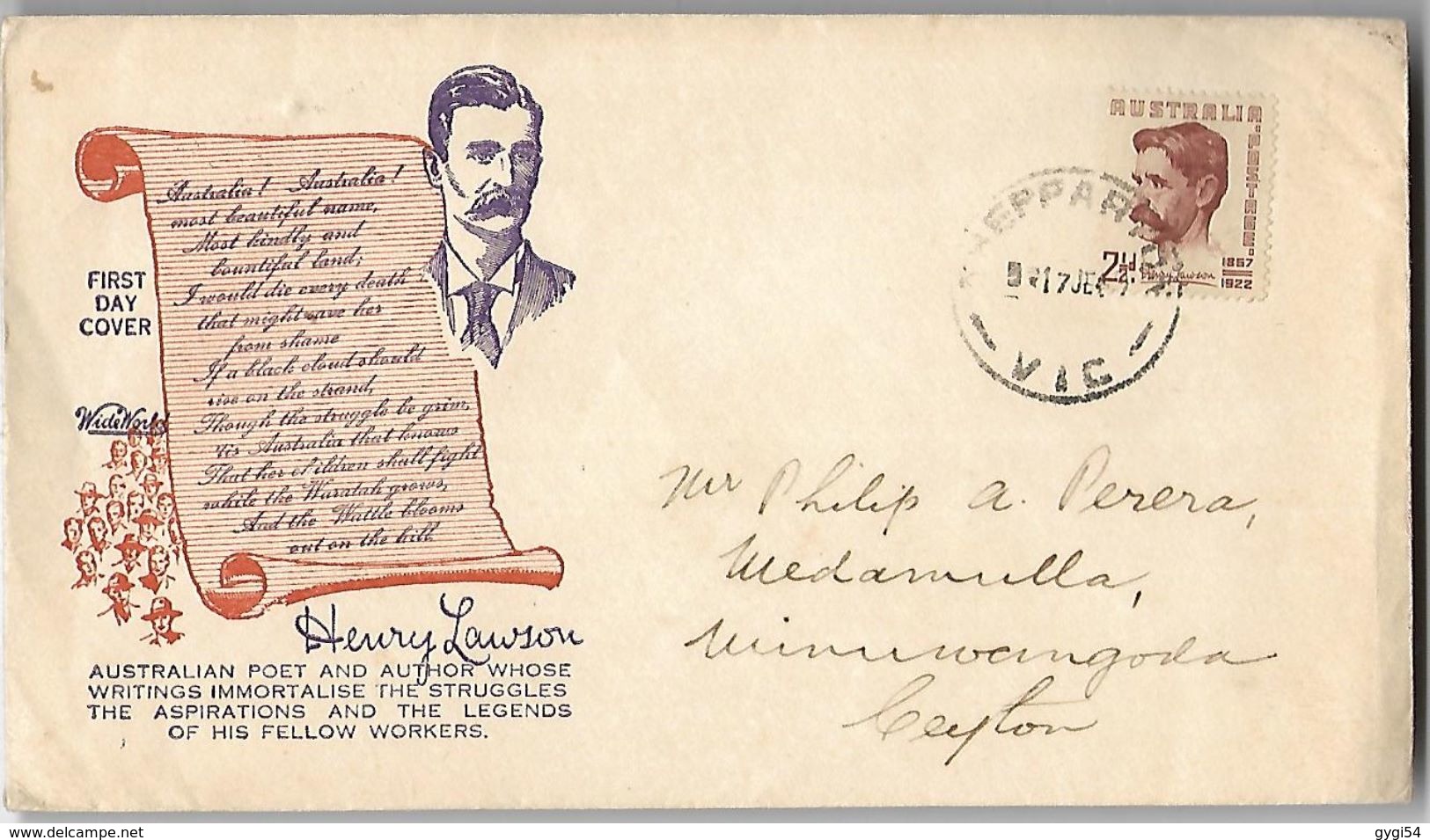 AUSTRALIE-Enveloppe 1er Jour De Henry Lawson En 1949 - FDC