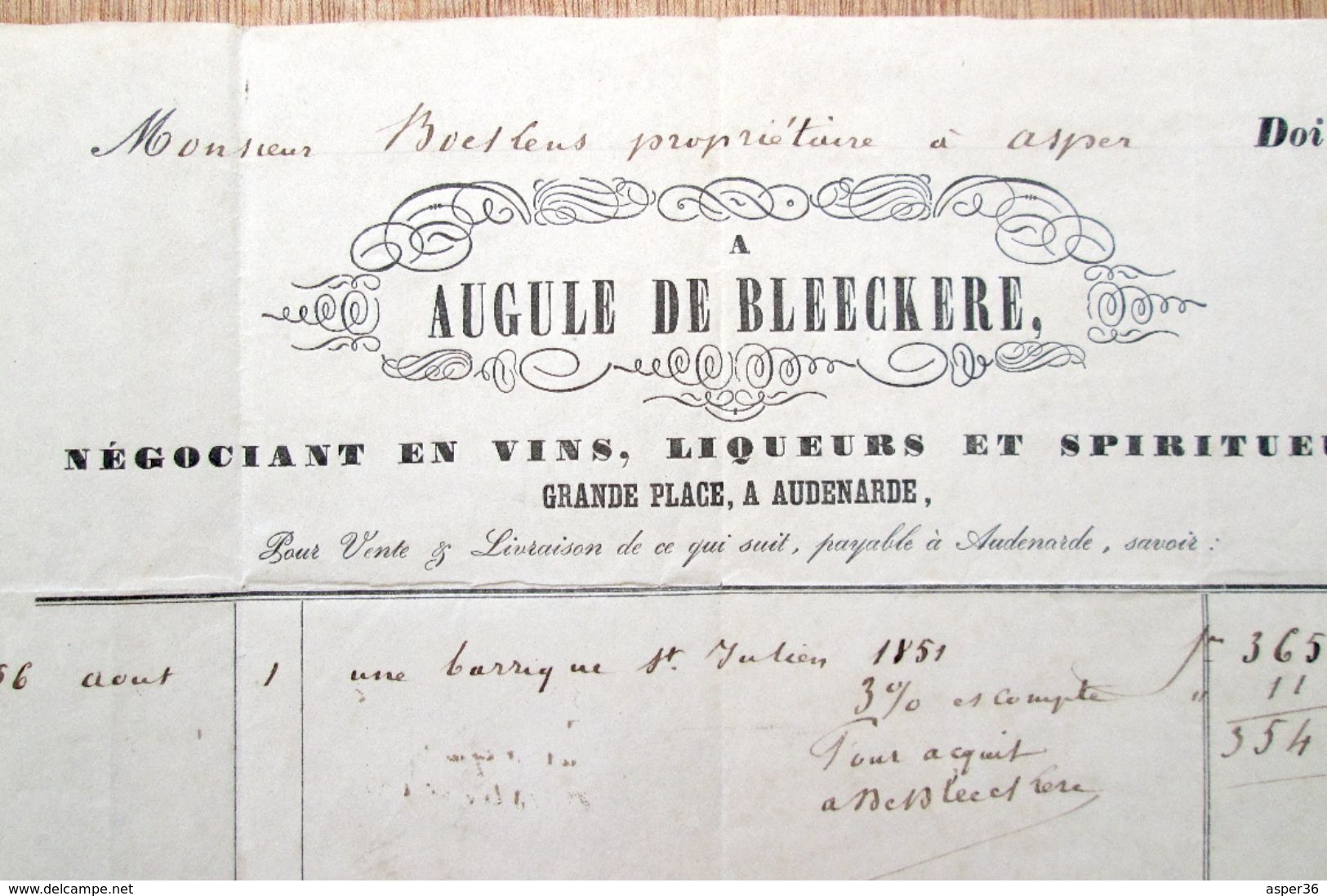 Augule De Bleeckere, Négociant En Vins, Liqueurs, Grande Place Oudenaarde 1851 - 1800 – 1899