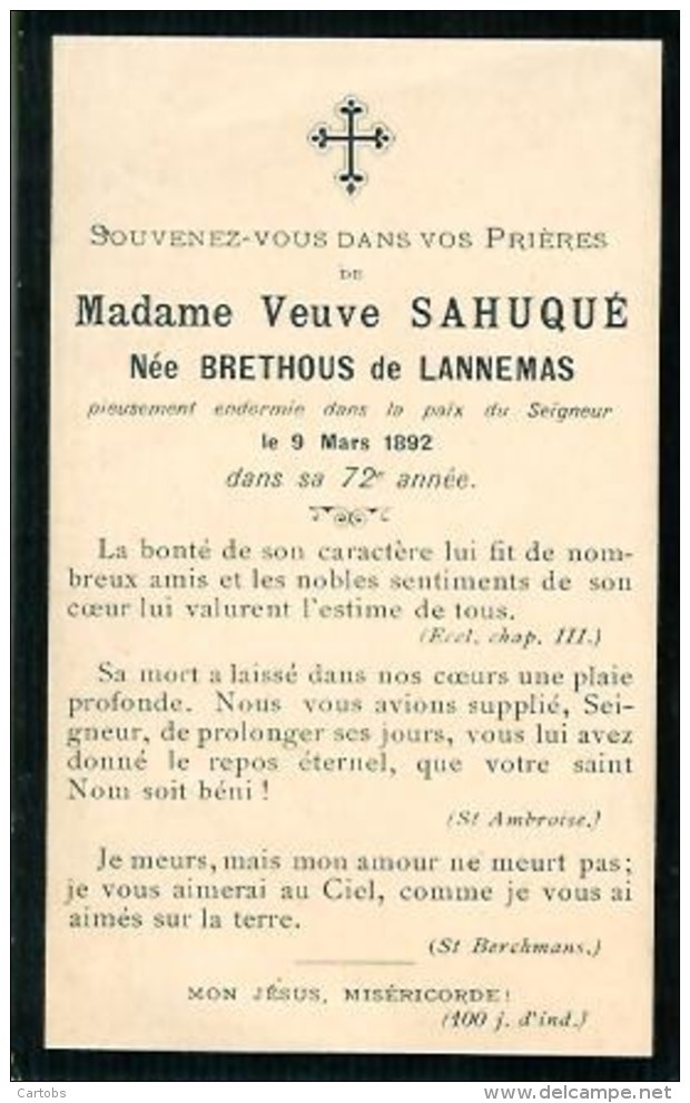 FAIRE-PART Du Décès De Madame Veuve Sahuqué Le 9 Mars 1892 - Esquela