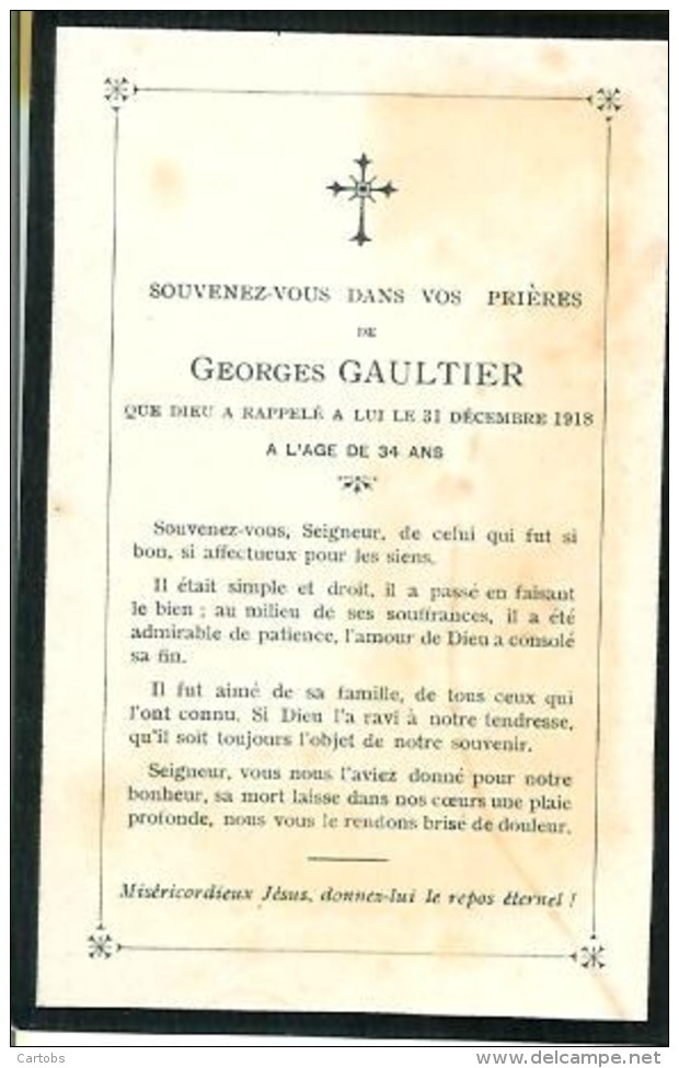 FAIRE-PART Du Décès De Georges Gaultier Le 31 Décembre 1918 - Todesanzeige