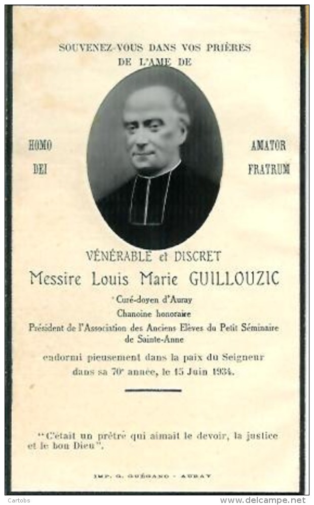 FAIRE-PART Du Décès De Messire Louis Marie Guillouzic Le 15 Juin 1934 - Décès