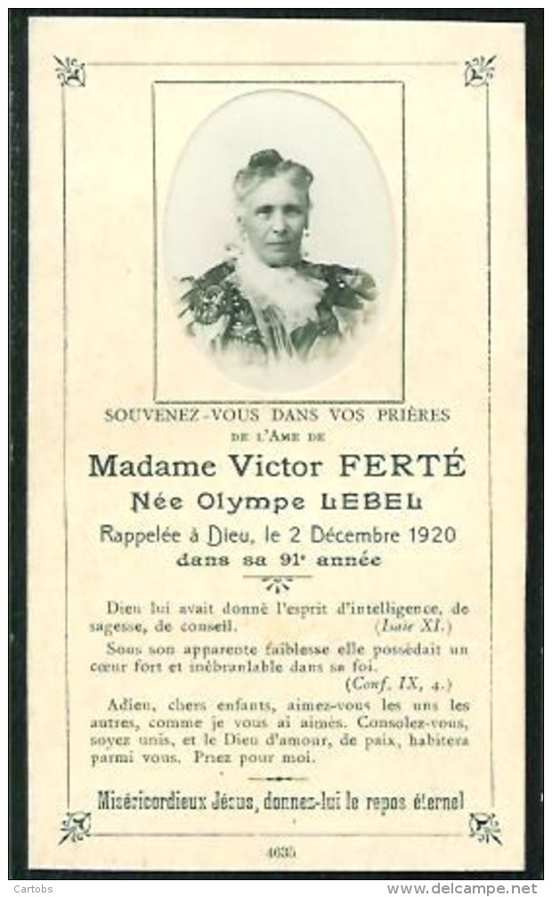 FAIRE-PART Du Décès De Madame Victor Ferté Le 2 Décembre 1920 - Décès