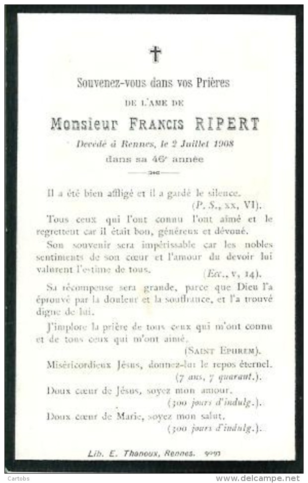 FAIRE-PART Du Décès De Monsieur Francis Ripert Le 2 Juillet 1908 - Décès