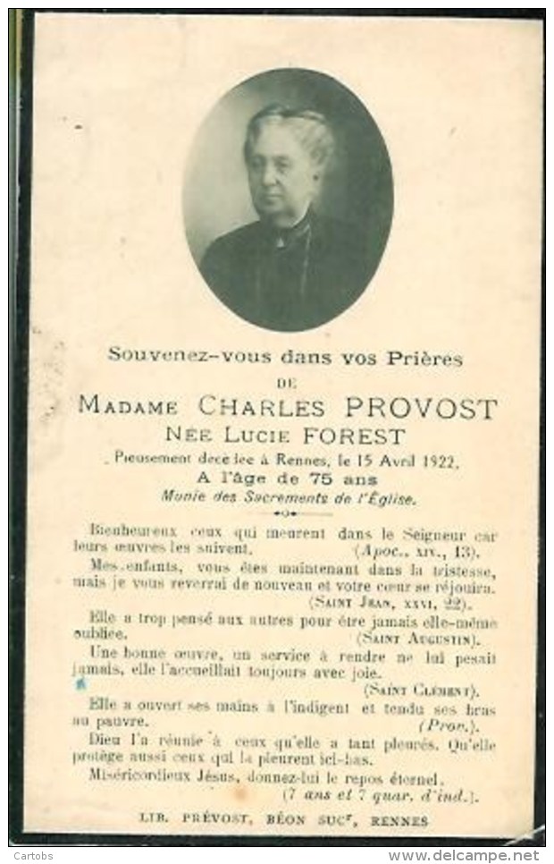 FAIRE-PART Du Décès De Madame Charles Provost Le 15 Avril 1922 - Décès