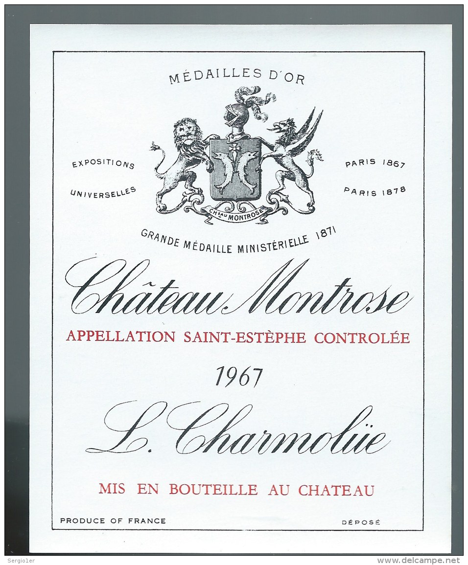 étiquette Vin Chateau  Montrose   Saint Estephe  1967  L Charmolüe - Bordeaux