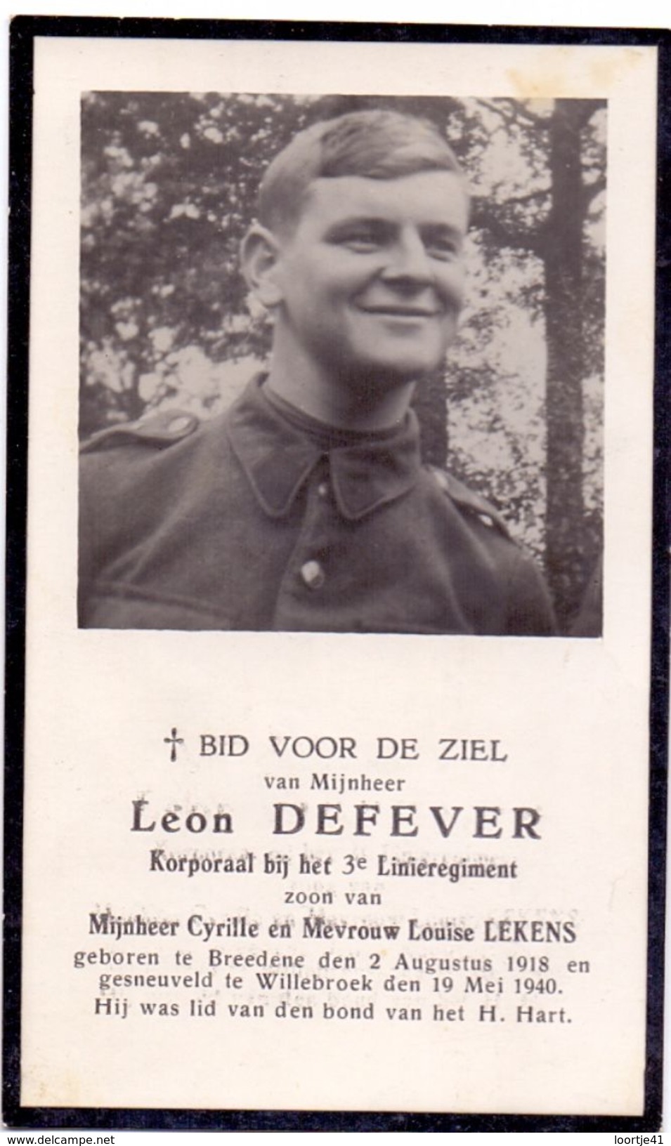 Devotie - Doodsprentje - Soldaat Korporaal Leon Defever - Bredene 1918 - Gesneuveld Willebroek 1940 - Avvisi Di Necrologio