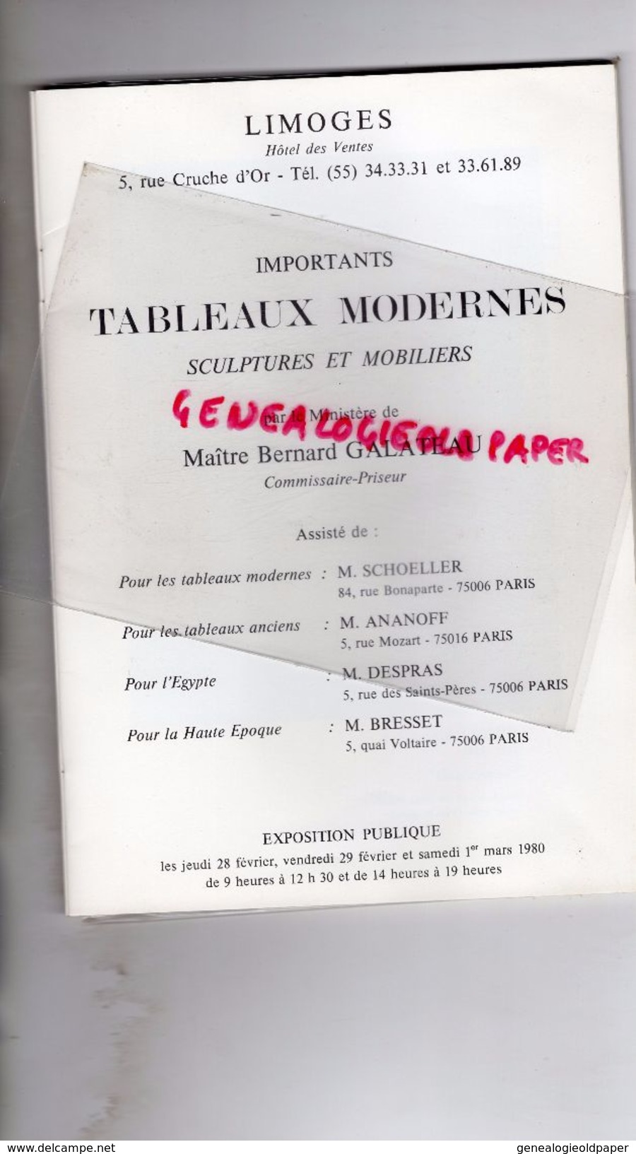 87 - LIMOGES- CATALOGUE BERNARD GALATEAU 21 MARS 1980- RUE CRUCHE D'OR- G.DE BLETTERIE-LHOTE-DETROY-GUILLAUMIN-DUFY- - Limousin