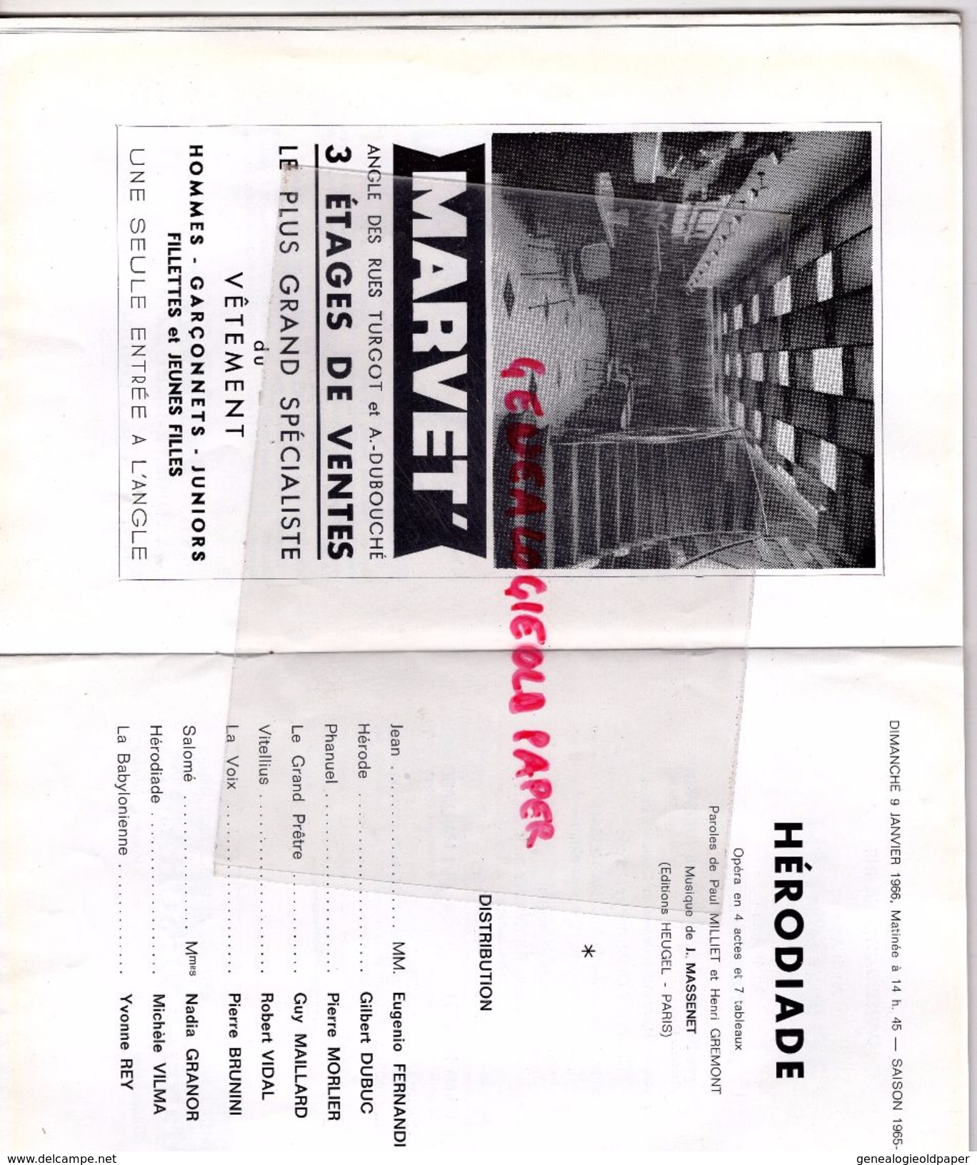 87 - LIMOGES- PROGRAMME GRAND THEATRE MUNICIPAL-PORTELLI-SAISON 1965-1966-HERODIADE MASSENET-HOTEL ROYAL LIMOUSIN-MARVET