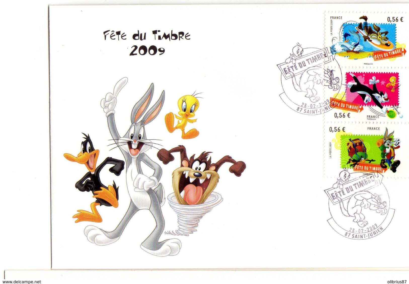 FDC Fête Du Timbre 2009 Bugs Bunny, Sylvestre Et Titi, Daffy Duck, Taz Et Bip Bip. Saint-Junien (87) Dessin Animé - Día Del Sello