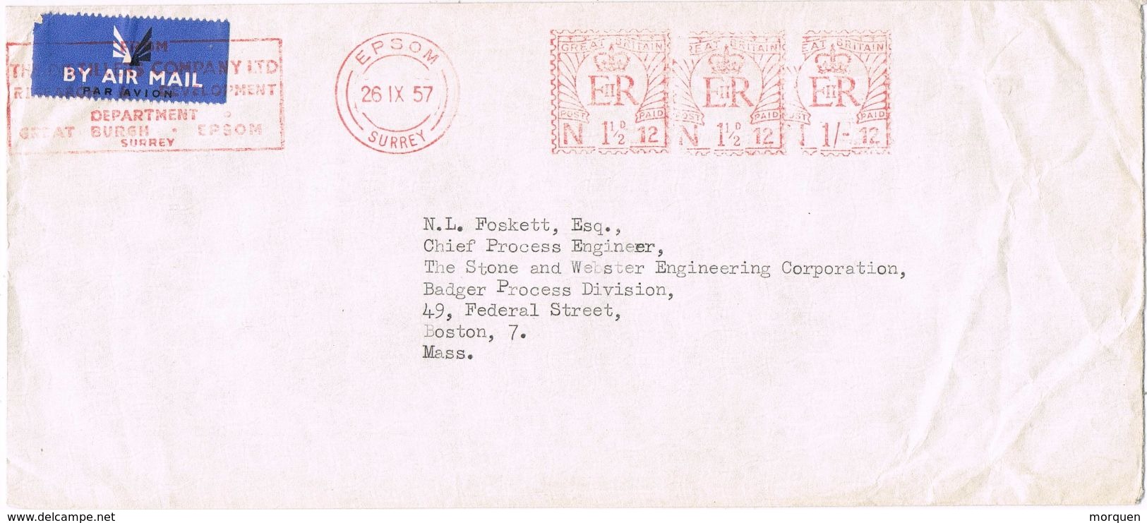 25140. Carta Aerea  EPSOM (Surrey) England 1957. Franqueo Mecanico - Cartas & Documentos