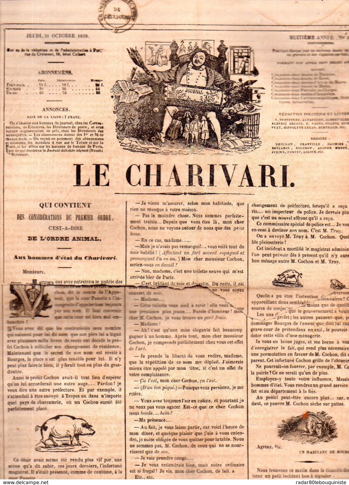 LE CHARIVARI.jeudi,31 Octobre 1839.Huitième Année,n°304.déchirure,coupure. - 1800 - 1849