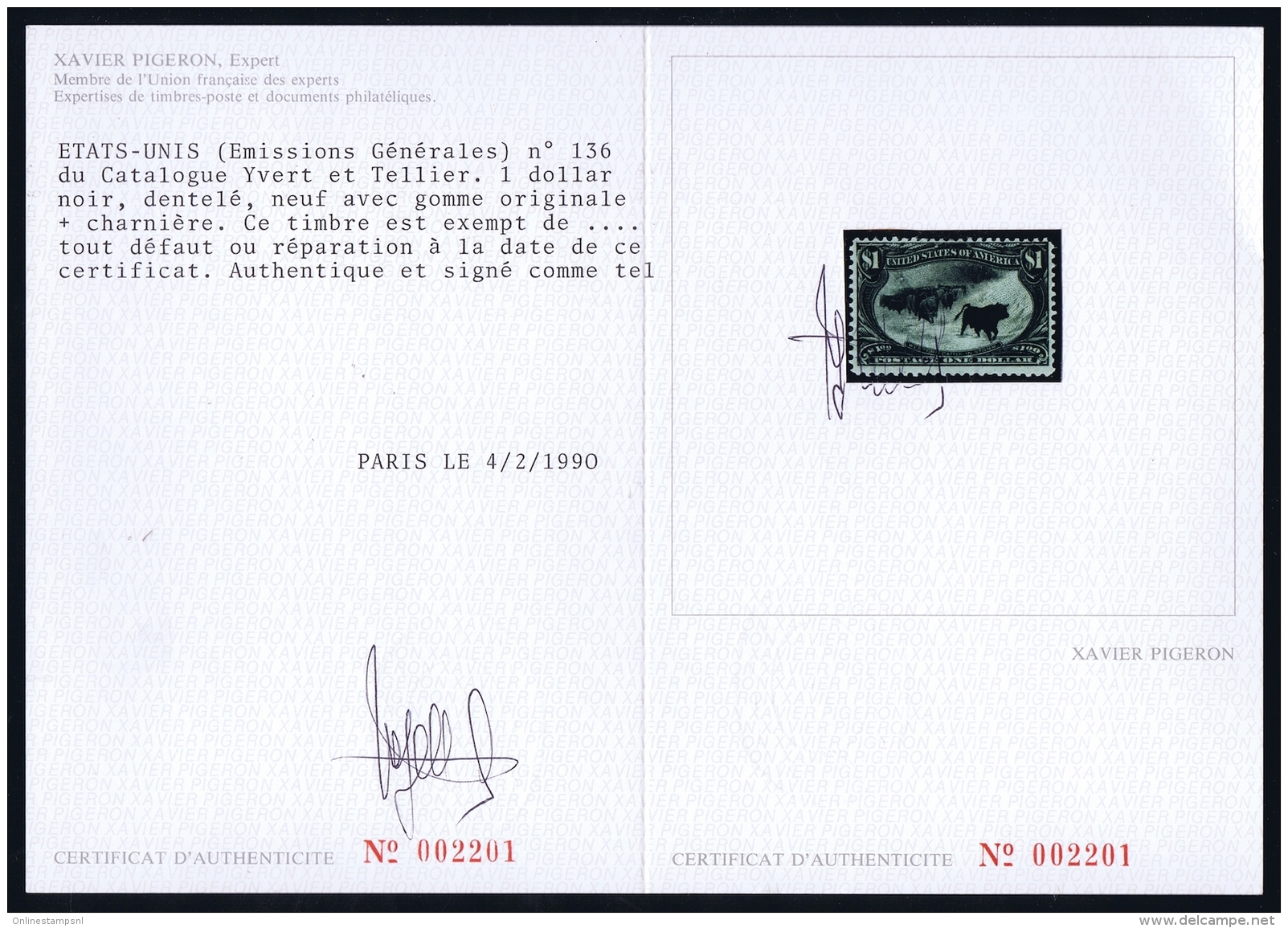 USA Mi Nr 124 Sc 292  Yv 136 MH/* Falz/ Charniere $1 Trans Mississippi Photo Certificate Pigeron - Ongebruikt