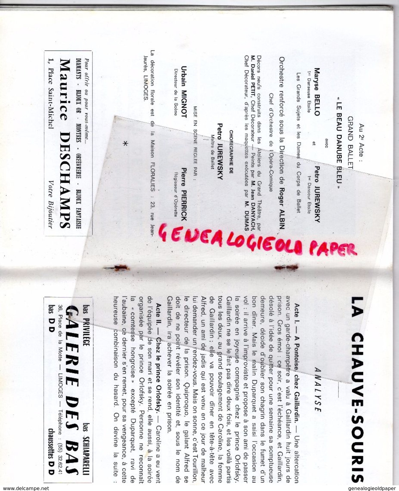 87 - LIMOGES - PROGRAMME GRAND THEATRE 19-11-1966-LA CHAUVE SOURIS JOHANN STRAUSS-LAMANDER-VEYRAL-NOVES-ROYAL LIMOUSIN - Programma's