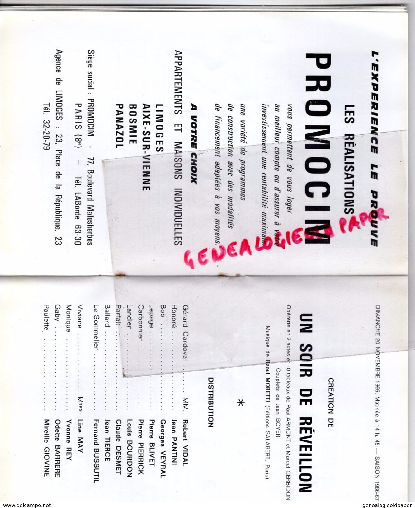 87 - LIMOGES - PROGRAMME GRAND THEATRE 20-11-1966-UN SOIR DE REVEILLON-RAOUL MORETTI-VIDAL-PANTINI-LEGRAND-LACHANIETTE- - Programs