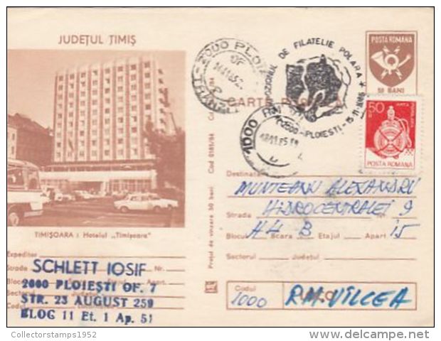 63775- TIMISOARA HOTEL, BUSS, CAR, TOURISM, POSTCARD STATIONERY, DOG SPECIAL POSTMARK, 1985, ROMANIA - Hotel- & Gaststättengewerbe