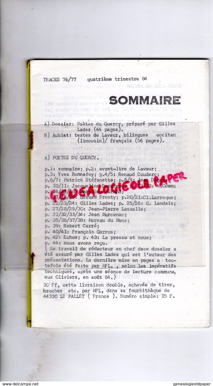 44- LE PALLET- TRACES CAHIERS LETTRES ARTS-MICHEL FRANCOIS LAVAUR-N° 76-POETES DU QUERCY-1984-BONNEFOY-STEFANETTO-GARROS - Midi-Pyrénées