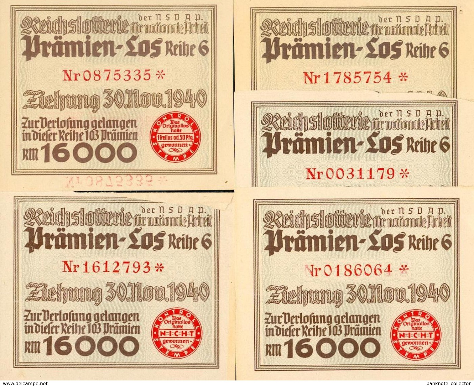 Deutschland, Germany - 5 X " REICHSLOTTERIE ", ORIGINAL - PRÄMIENSCHEIN, 1940 ! - Lottery Tickets