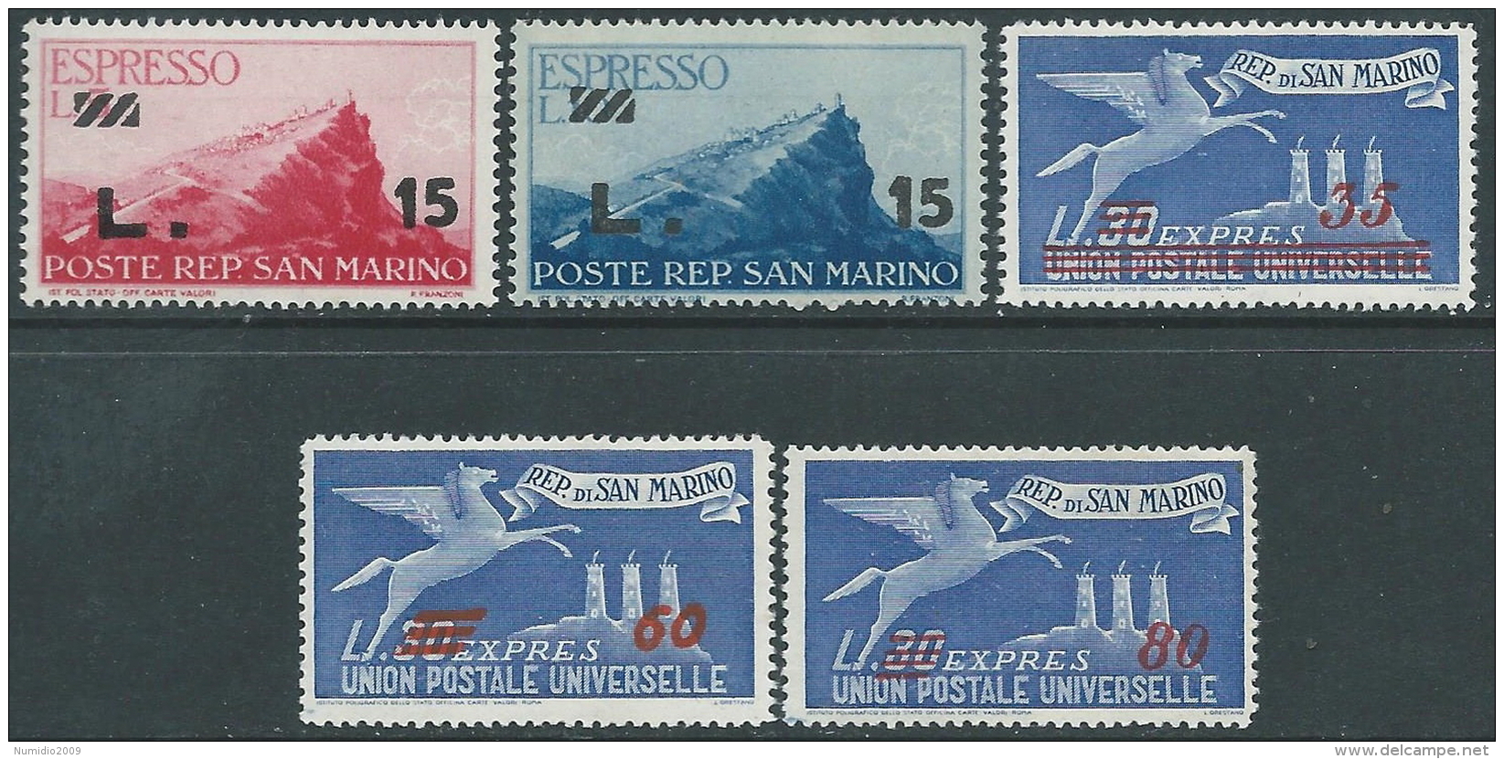 1947-48 SAN MARINO SOPRASTAMPATI ESPRESSI 5 VALORI MNH ** - X40 - Timbres Express