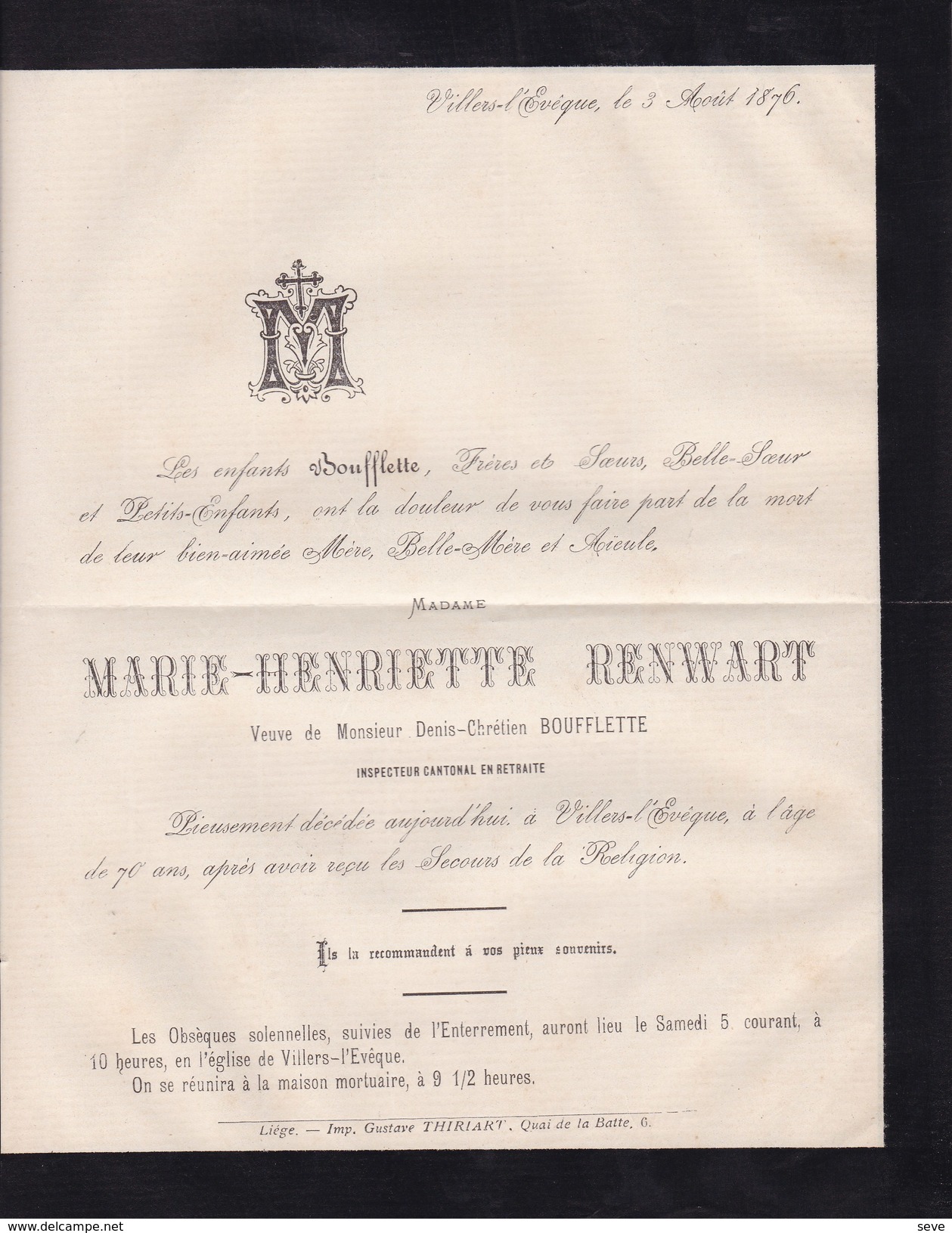 VILLERS-L'EVEQUE Marie-Henriette RENWART  1806-1876 Veuve BOUFFLETTE Inspecteur Cantonal Retraité Faire-part Décès - Esquela