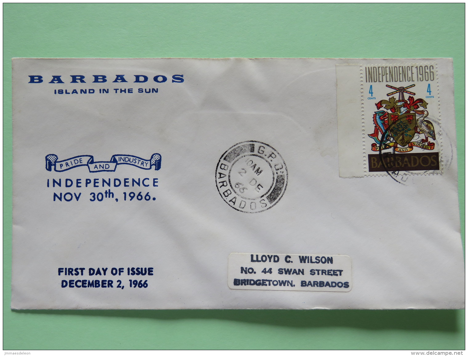 Barbados 1966 Cover To Bridgetown Barbados - Arms Pelican Bird Fish - Barbados (1966-...)