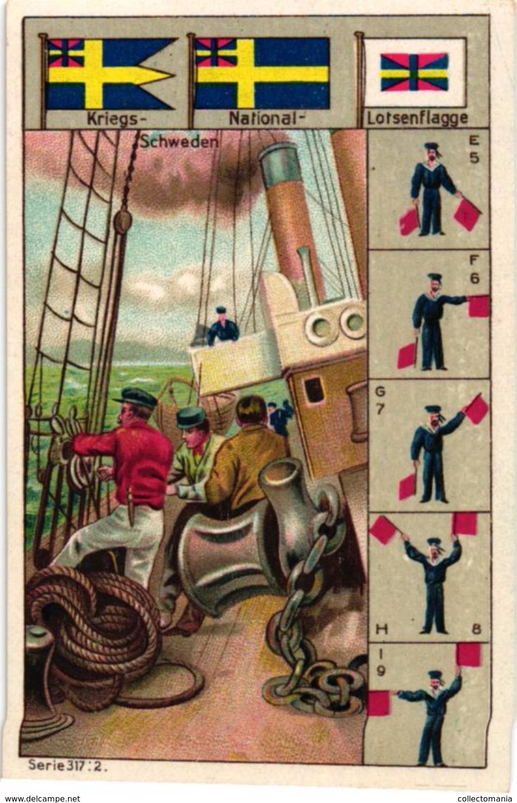 6 cards complete litho chromo set c1900 PUB CREME LI 008 - german Text  serie 317 MArine flaggen fishing sailing